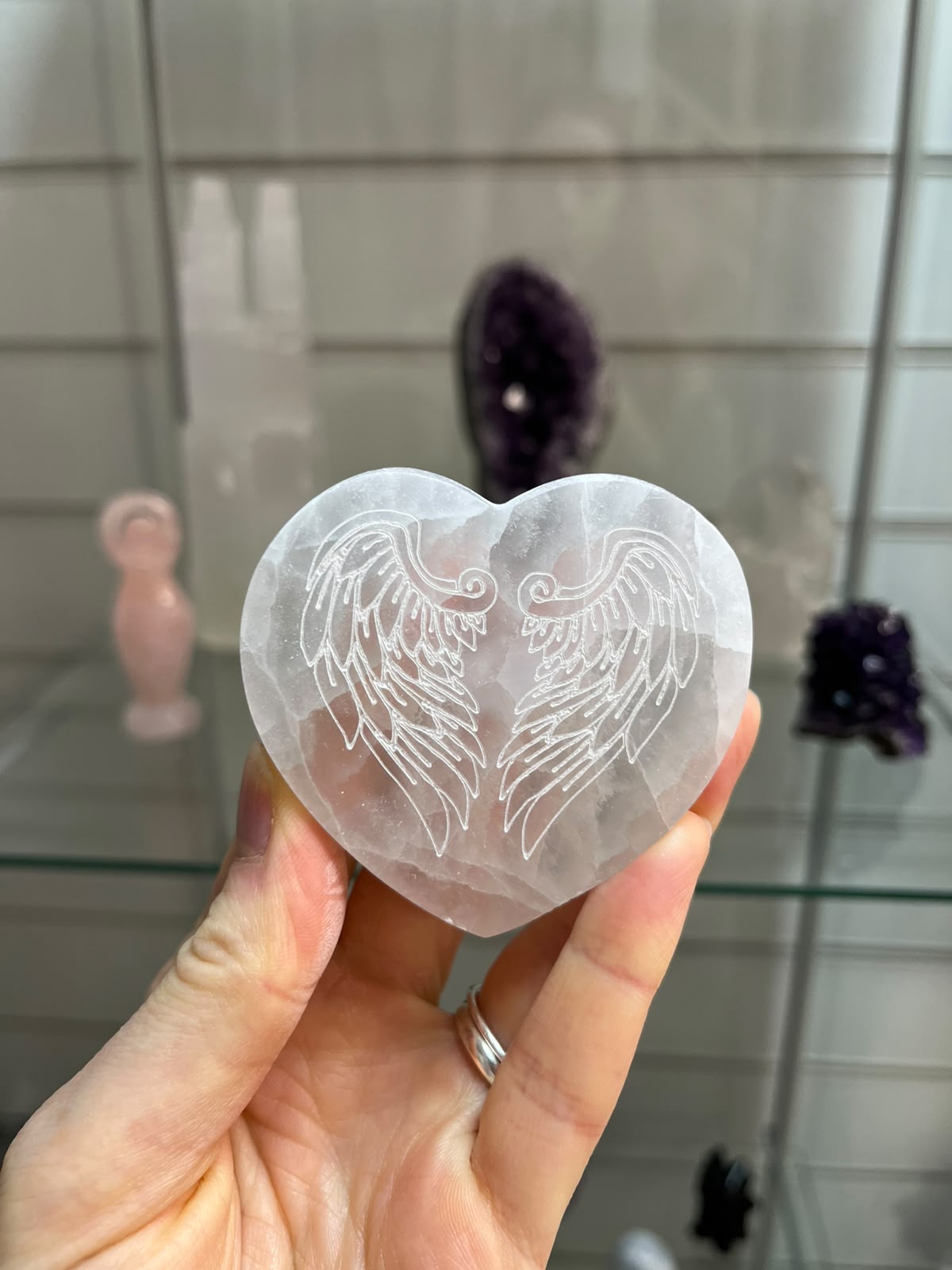 Selenite Angel Wings Heart Plate