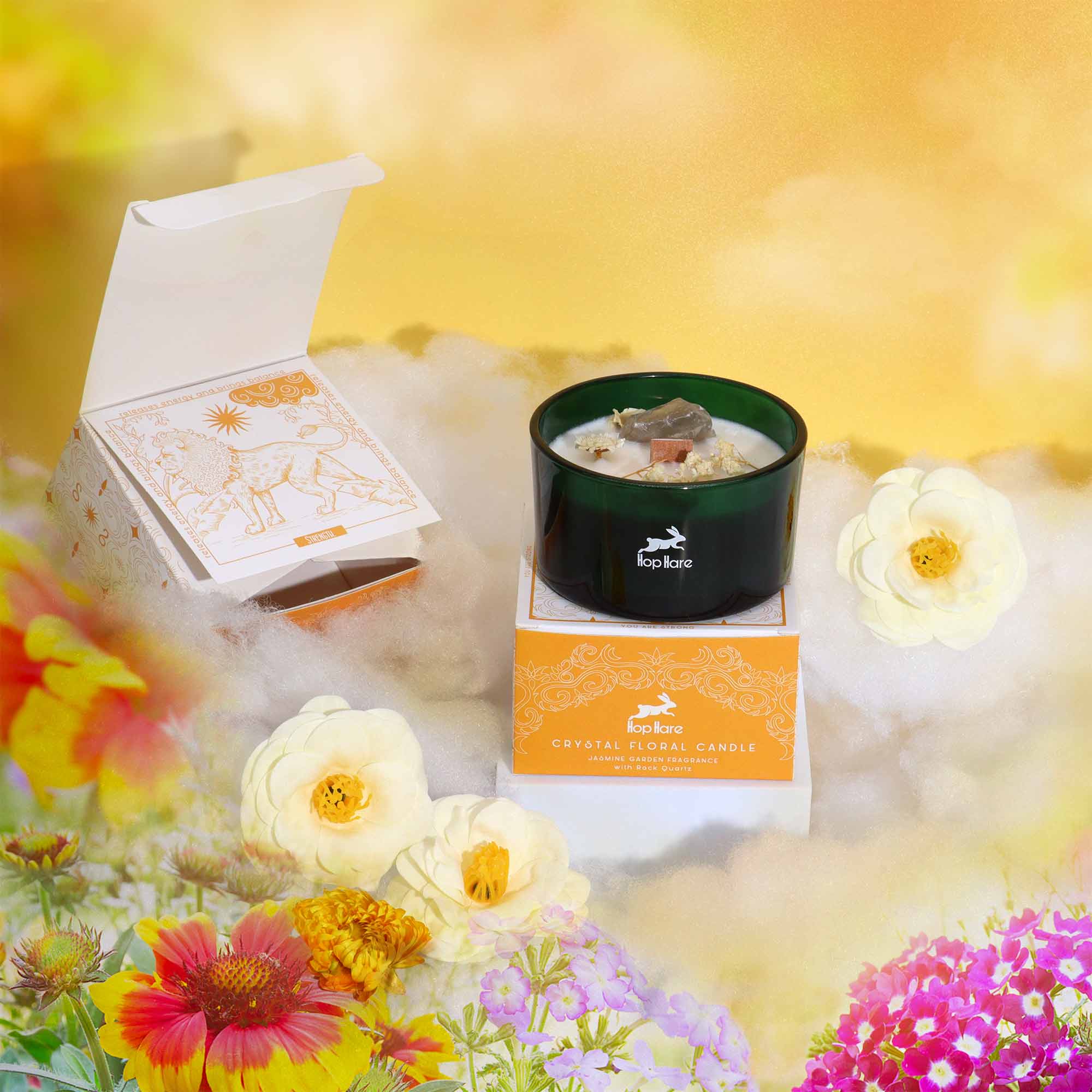 Hop Hare Crystal Magic Flower Candle - The Lion / Clear Quartz