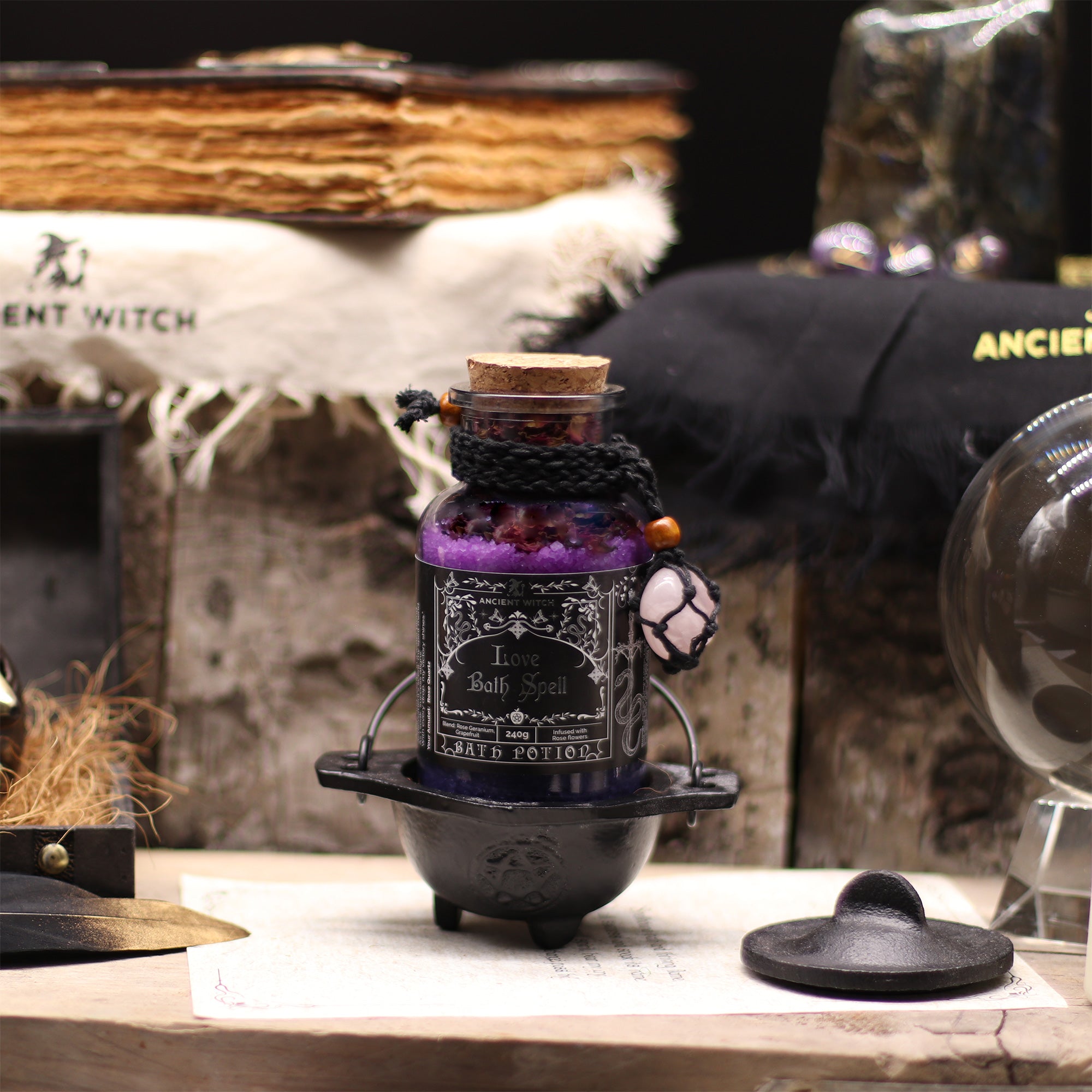 Bath Spell Potion & Rose Quartz Crystal Amulet - Love