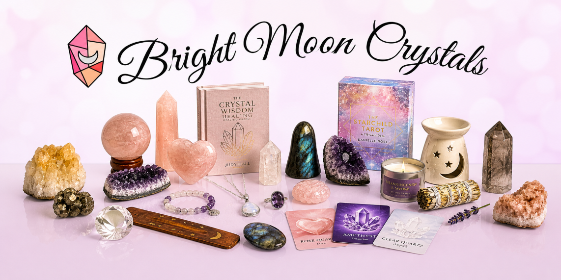 Collection of crystals, candles, and books on a pink background with 'Bright Moon Crystals' branding.