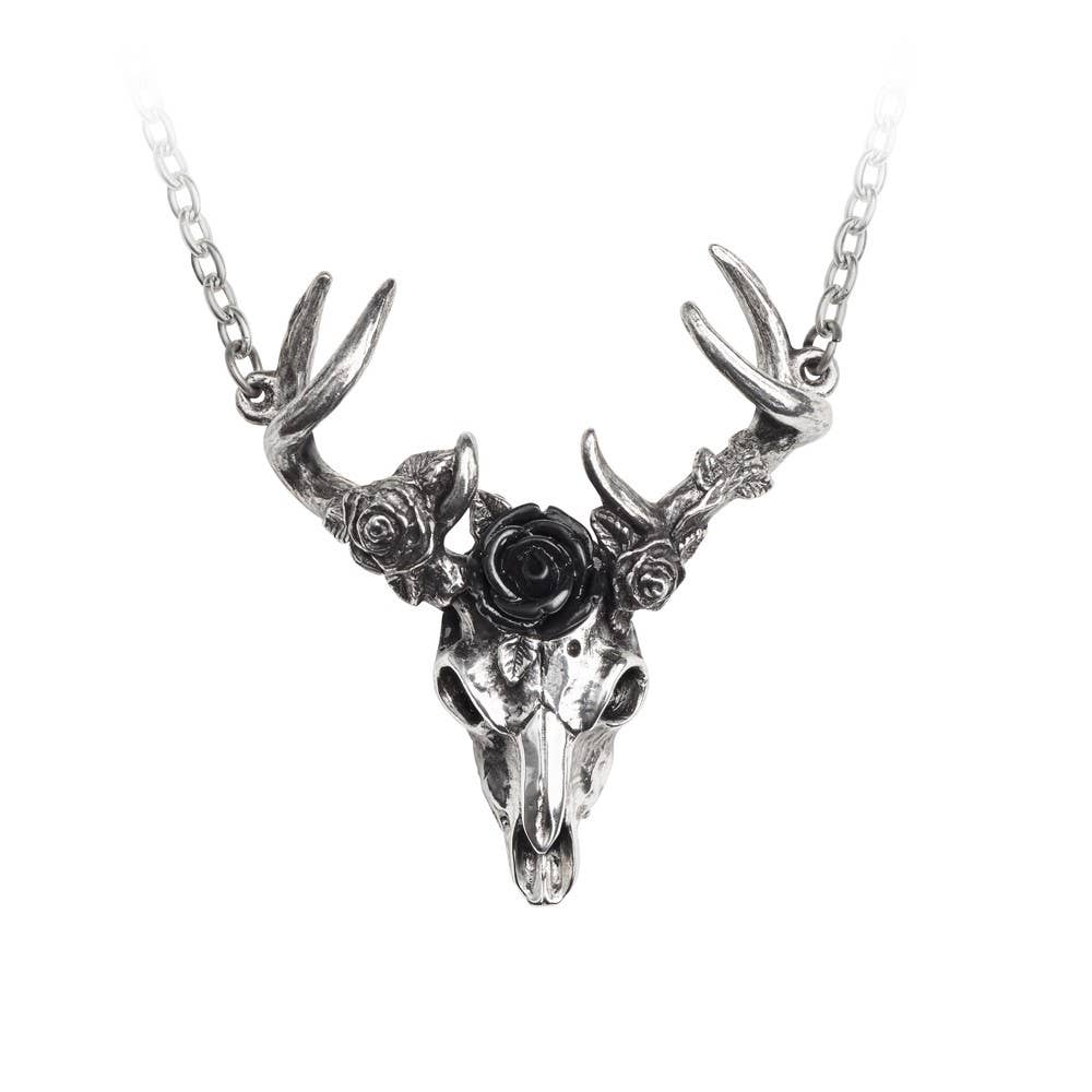 Black Rose Deer Skull Necklace