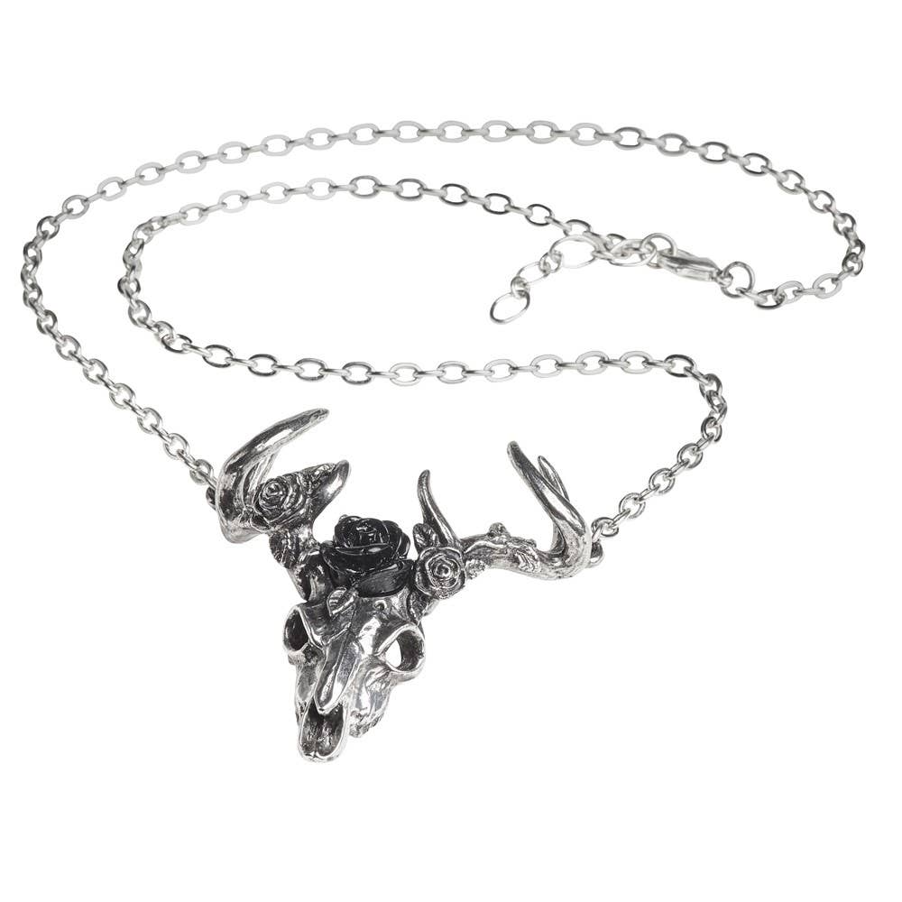 Black Rose Deer Skull Necklace