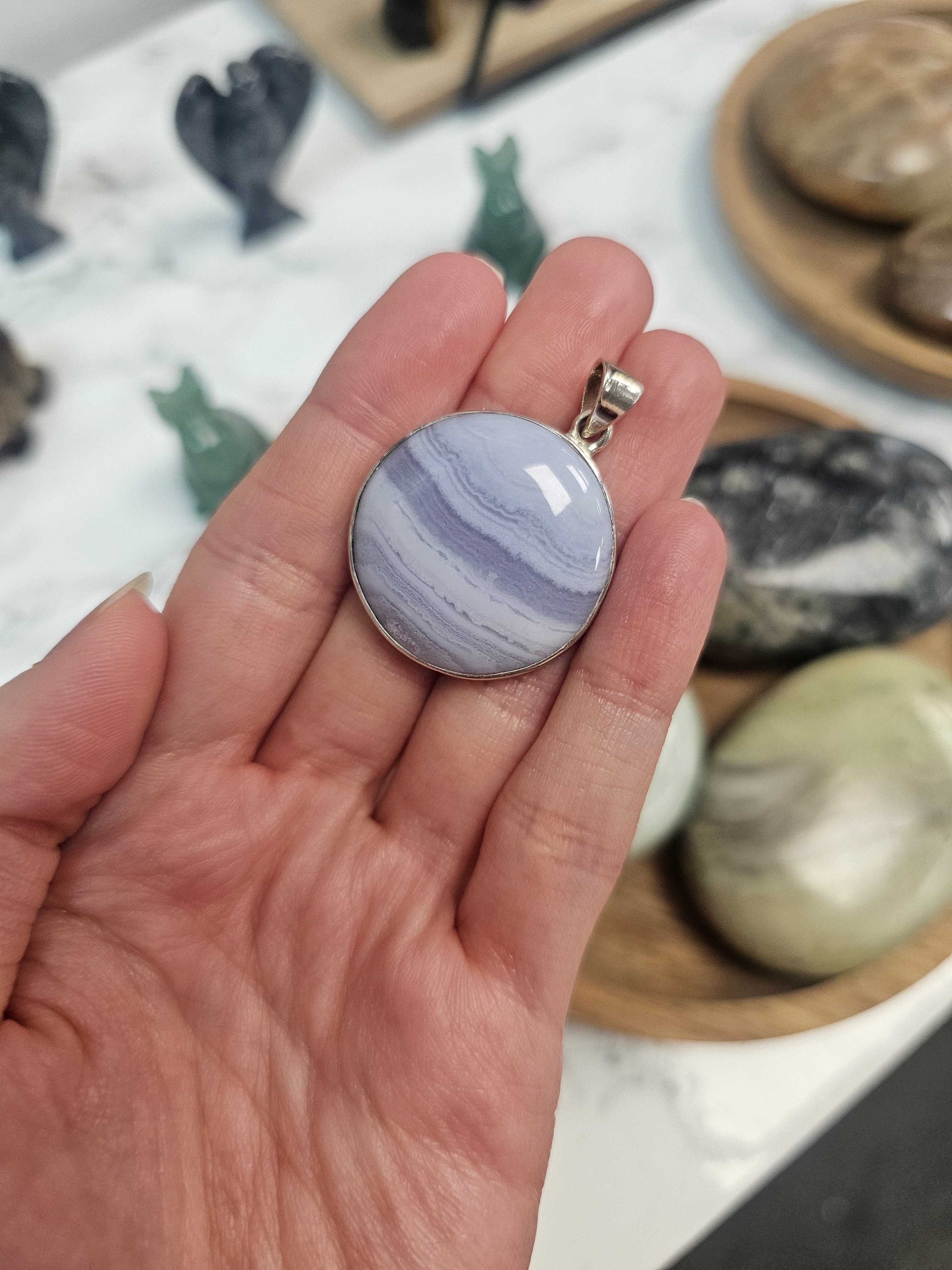 Blue Lace Agate Crystal Pendant Circle - 925 Silver