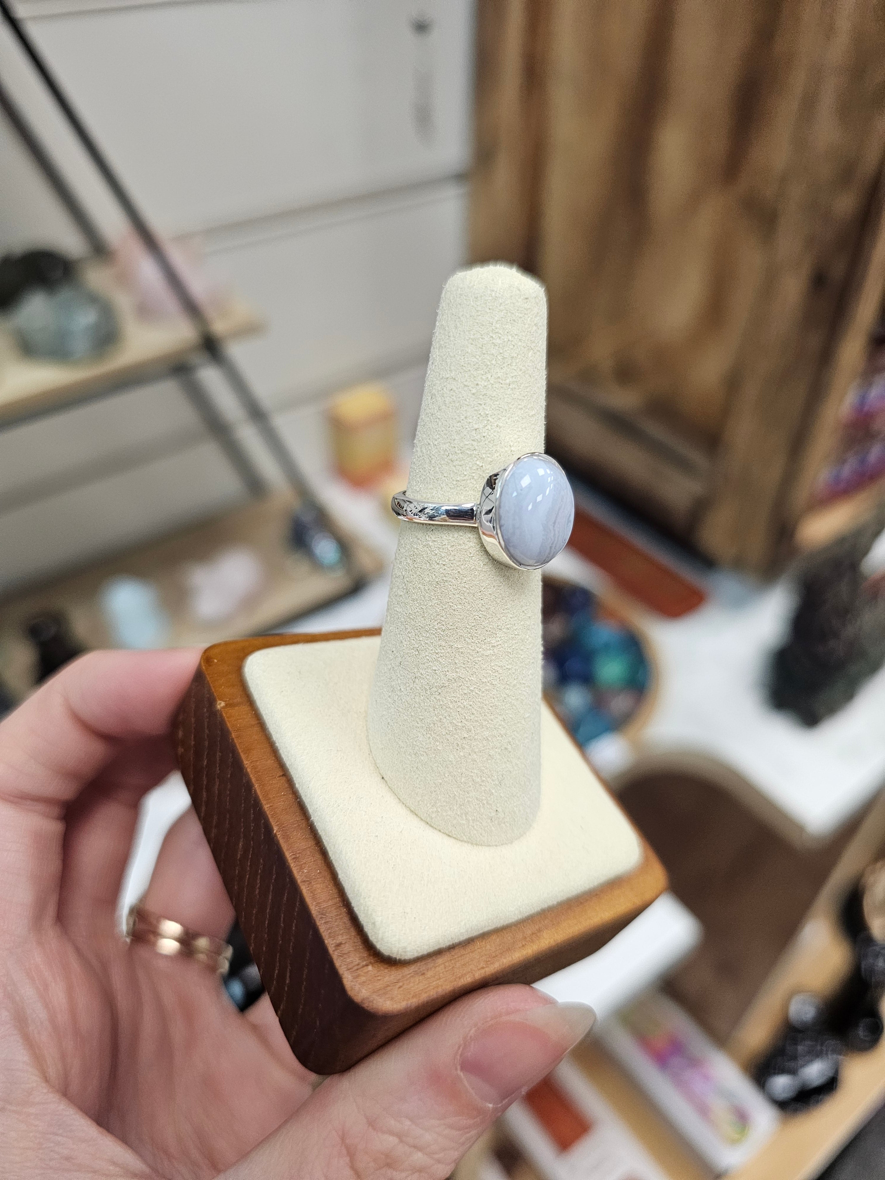 Blue Lace Agate 925 Silver Crystal Ring - Size 6