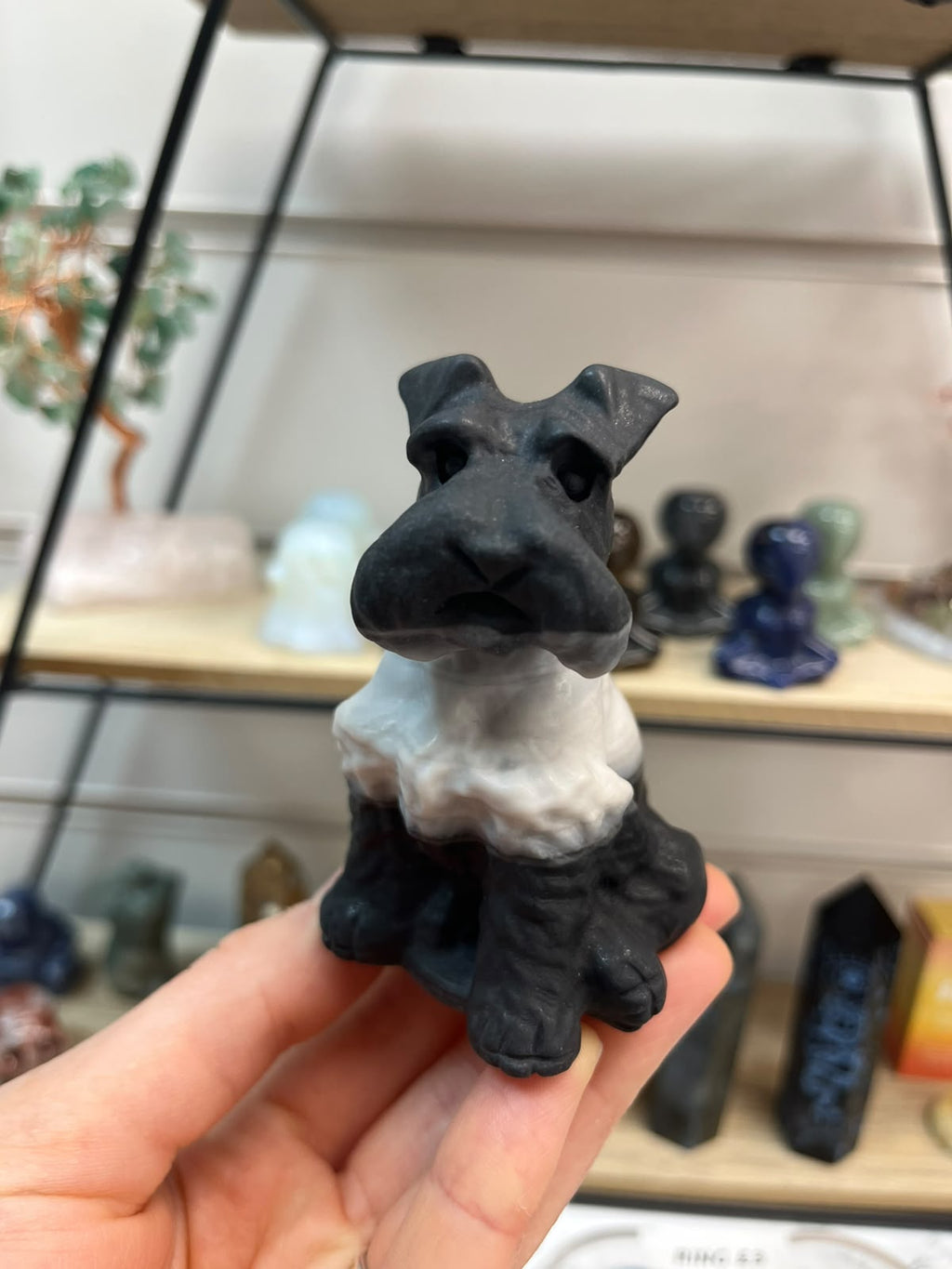 Schnauzer Dog Crystal Carving - Zebra Calcite