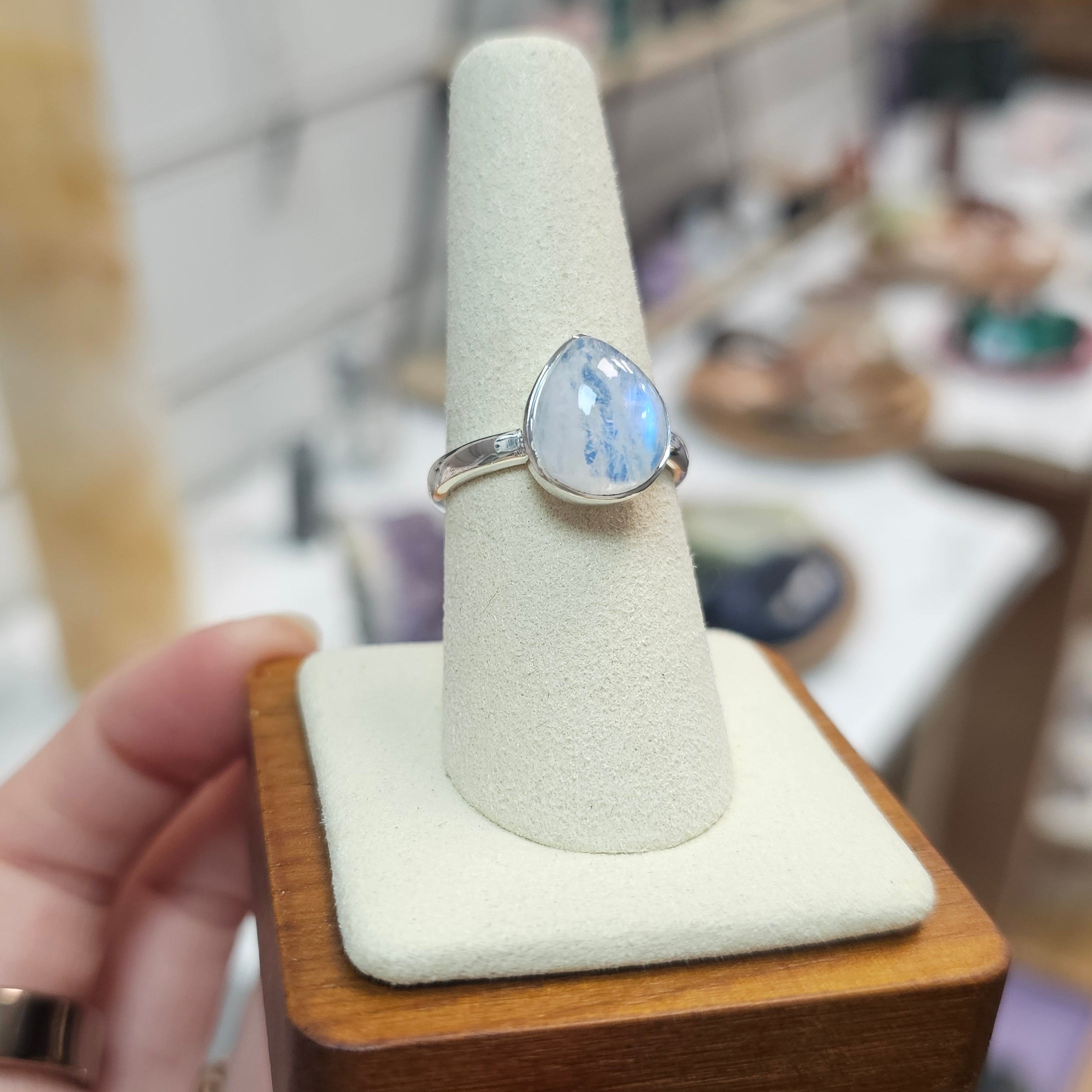 Blue Moonstone 925 Silver Crystal Ring - Size Q