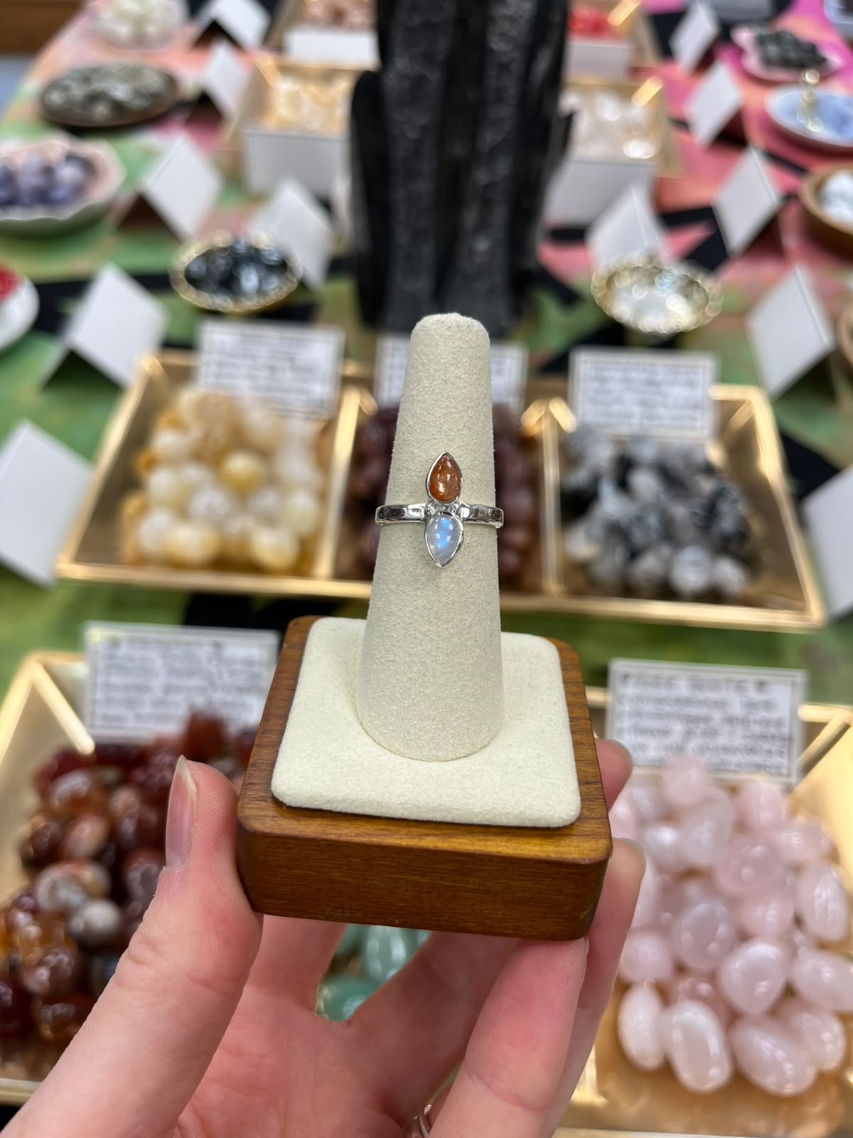 Sunstone & Moonstone 925 Silver Crystal Ring - Size 6.5