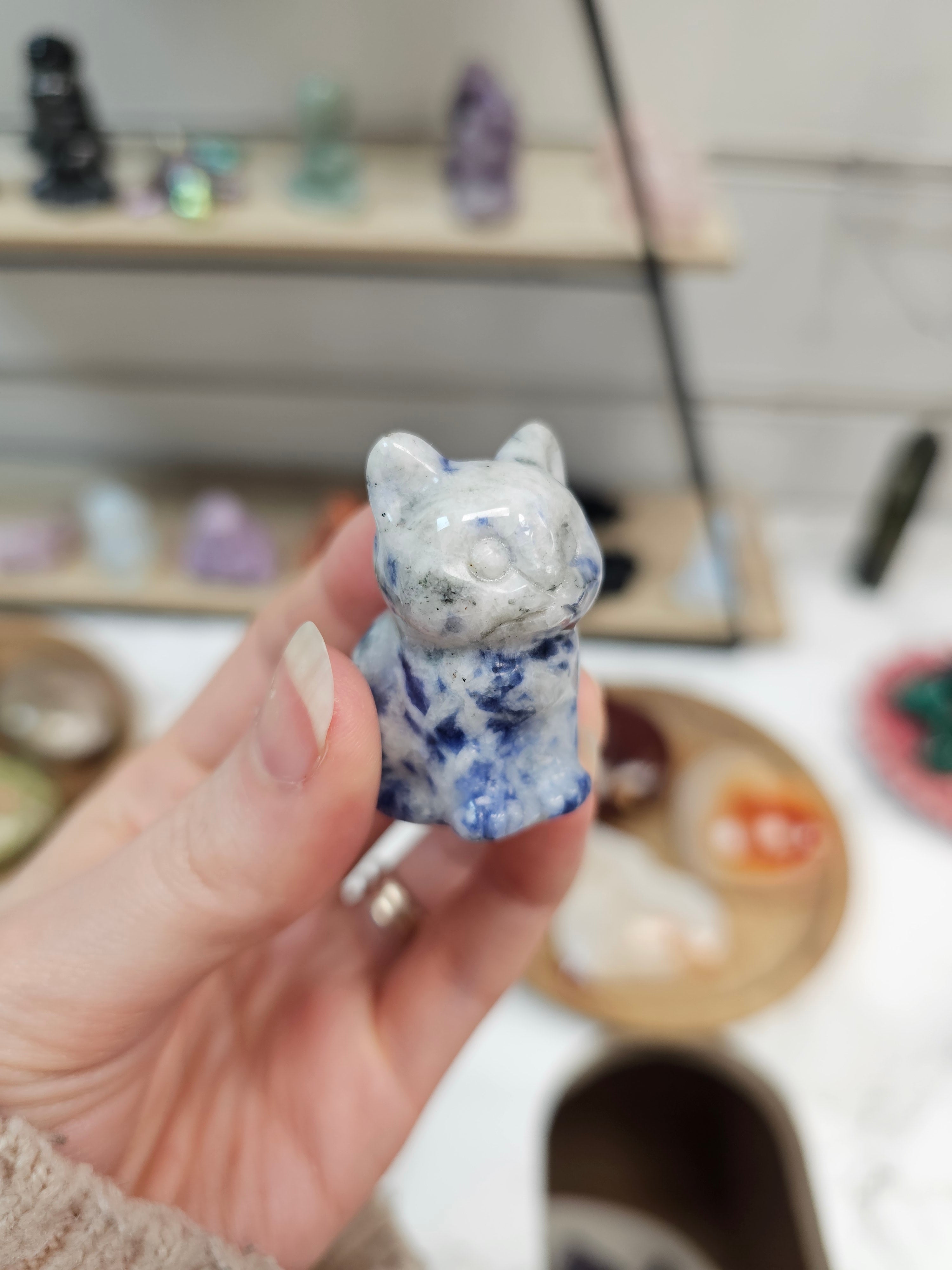 Spotted Sodalite Crystal Cat Carving