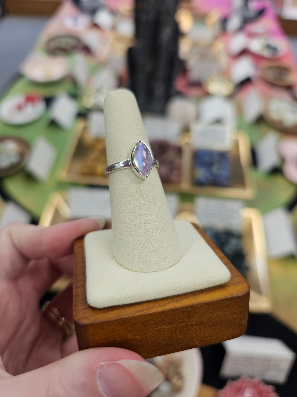 Pink Moonstone 925 Silver Crystal Ring - Size 7