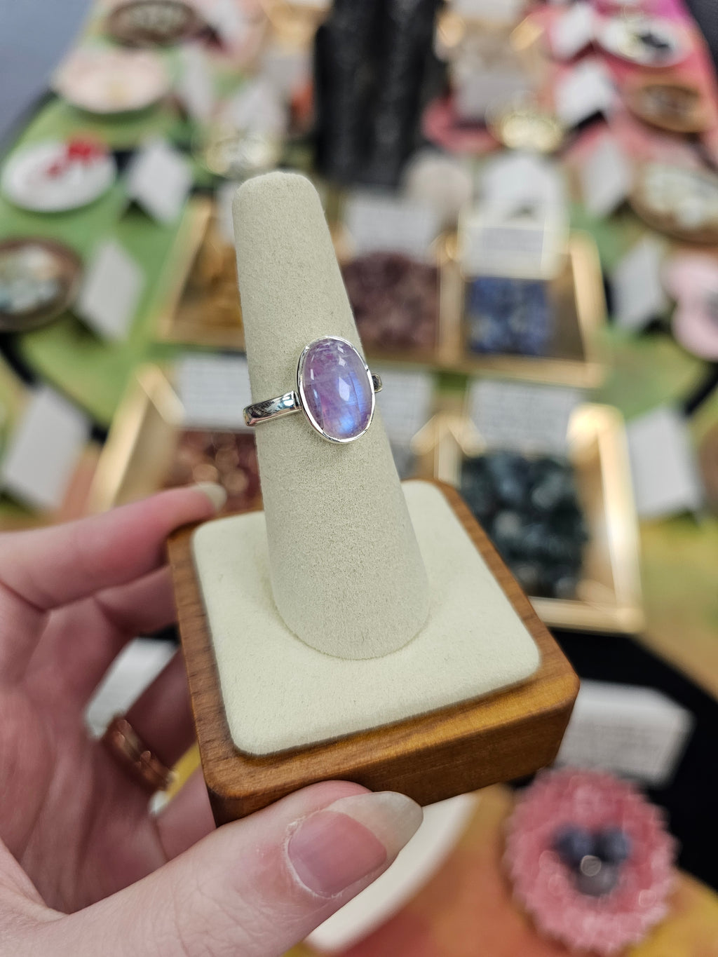 Pink Moonstone 925 Silver Crystal Ring - Size 7