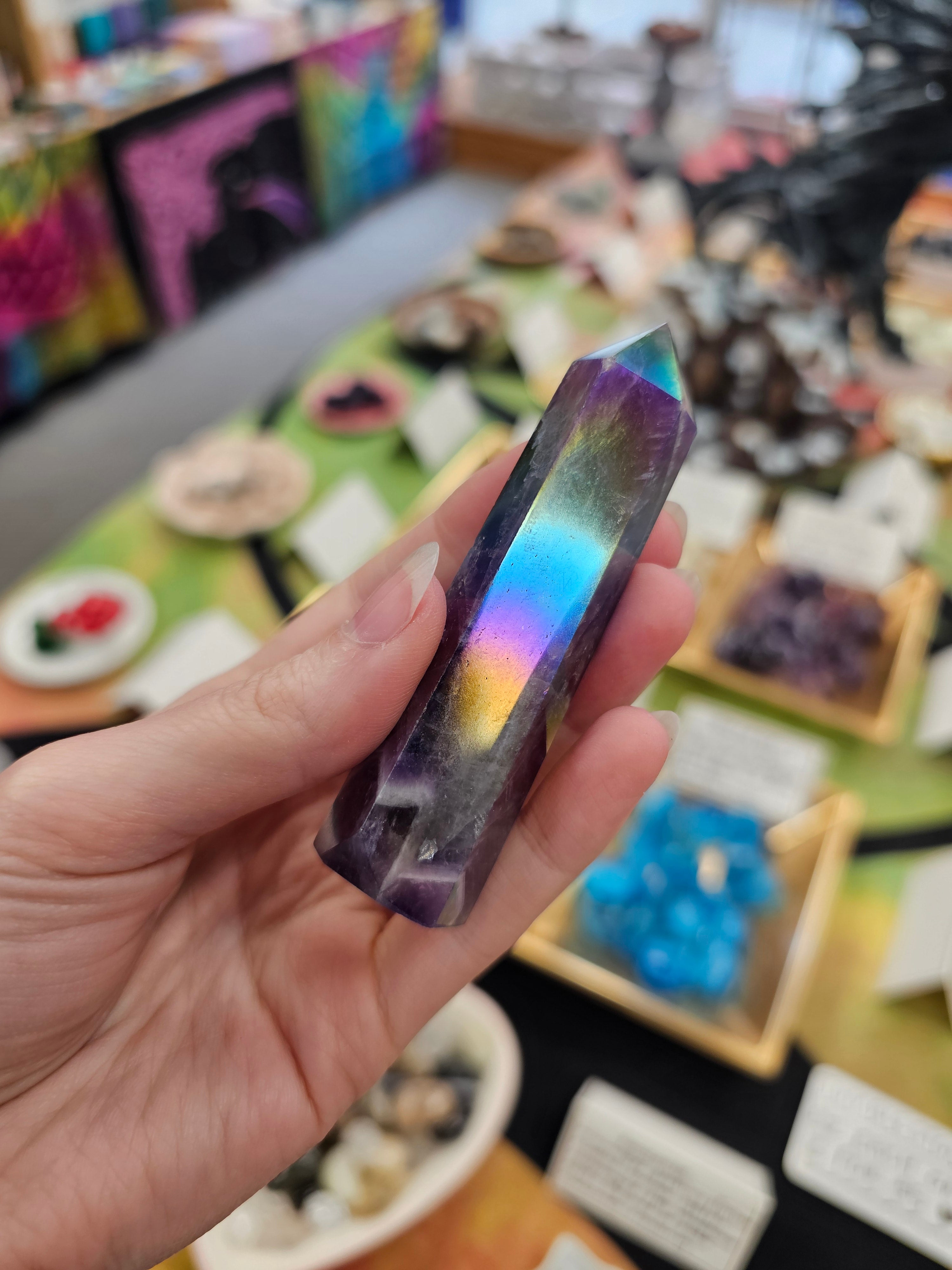 Chevron Amethyst Aura Crystal Tower