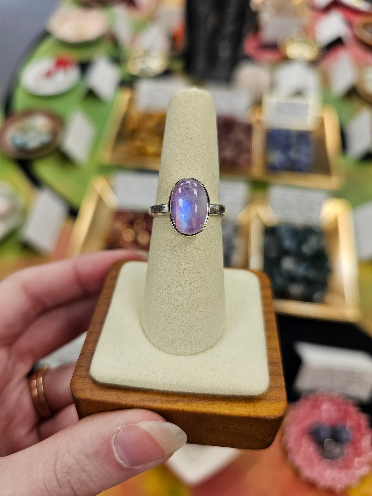 Pink Moonstone 925 Silver Crystal Ring - Size 7