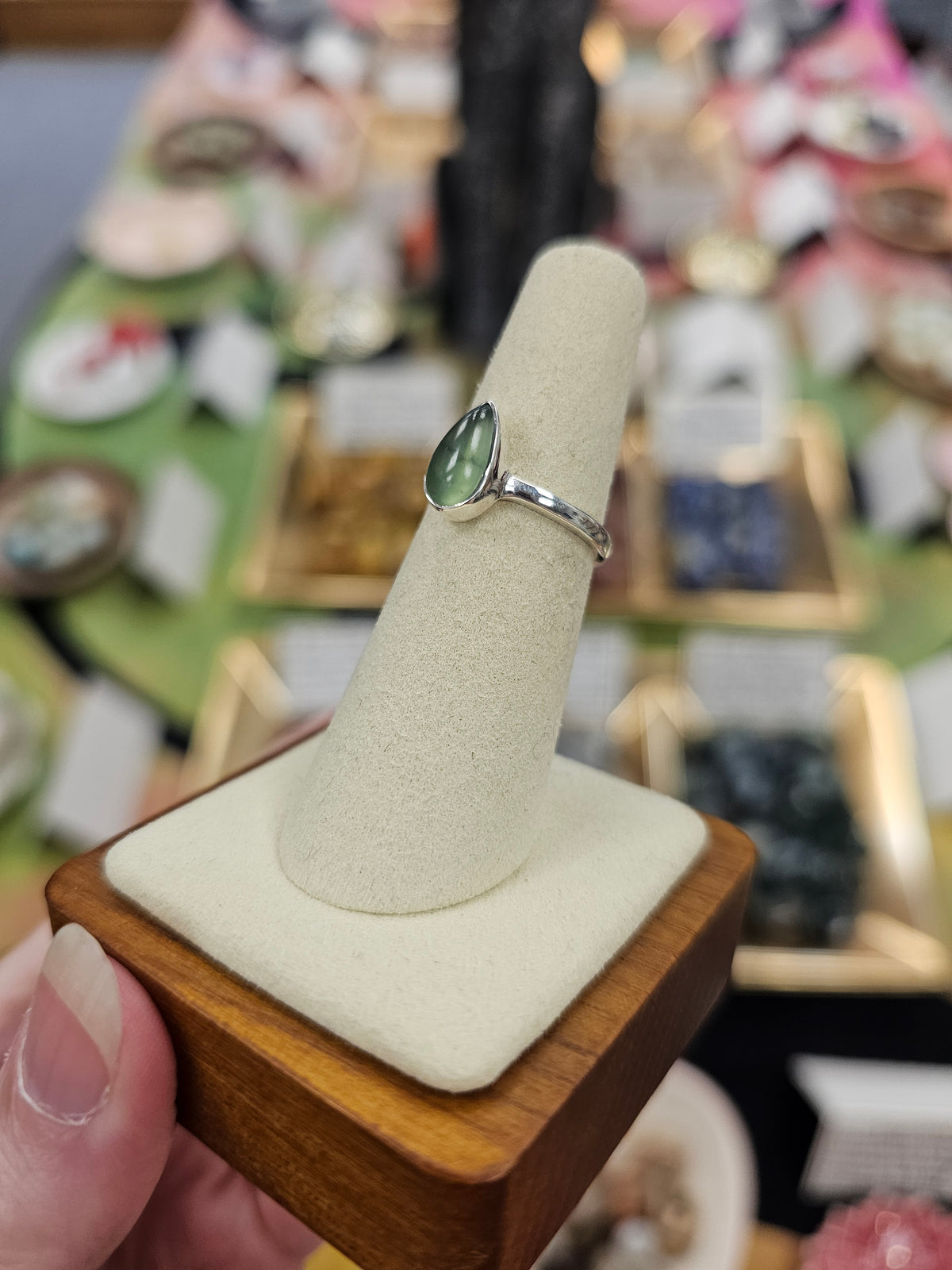 Nephrite Jade 925 Silver Crystal Ring - Size 6