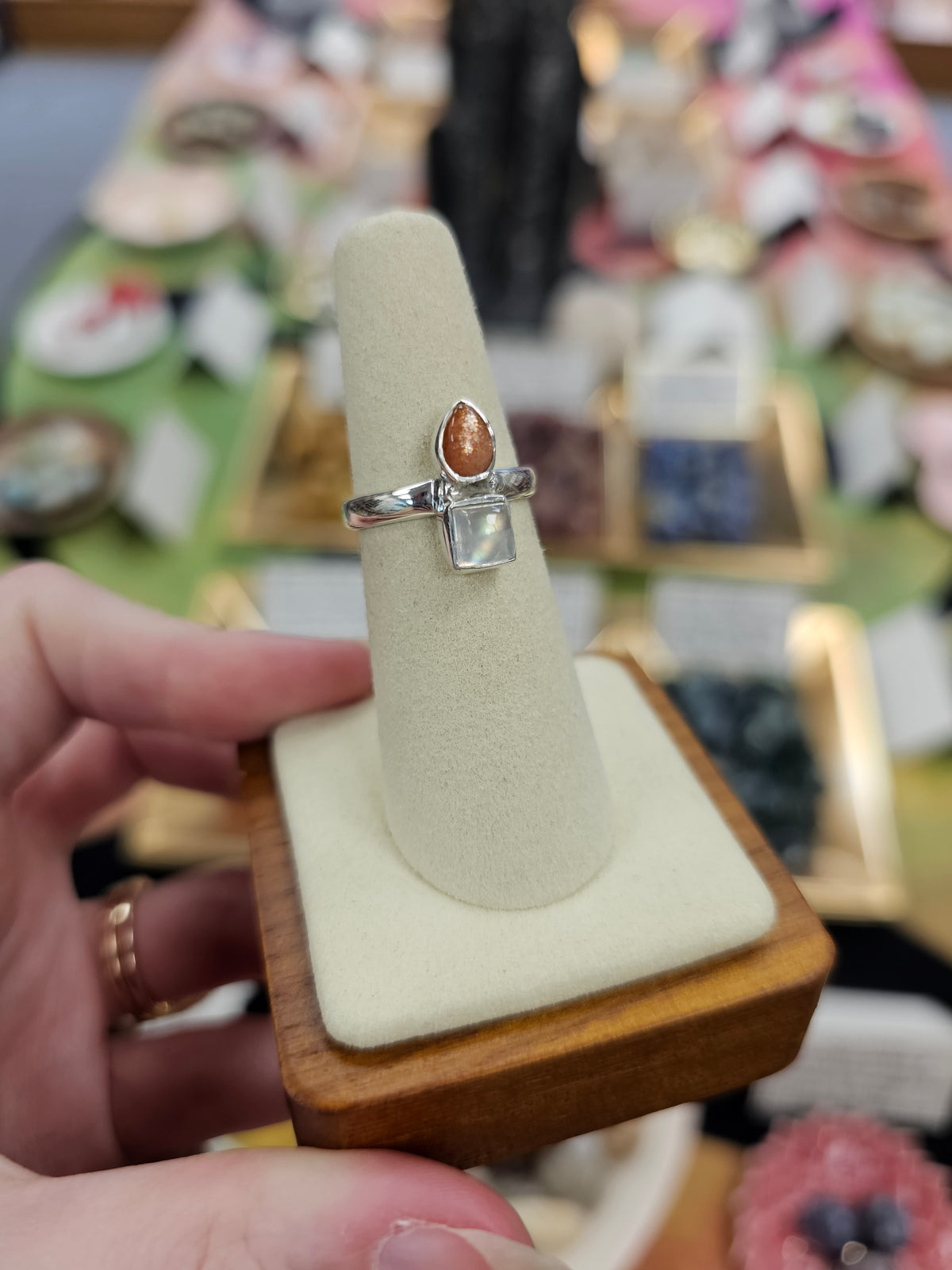 Sunstone & Moonstone 925 Silver Crystal Ring - Size 6