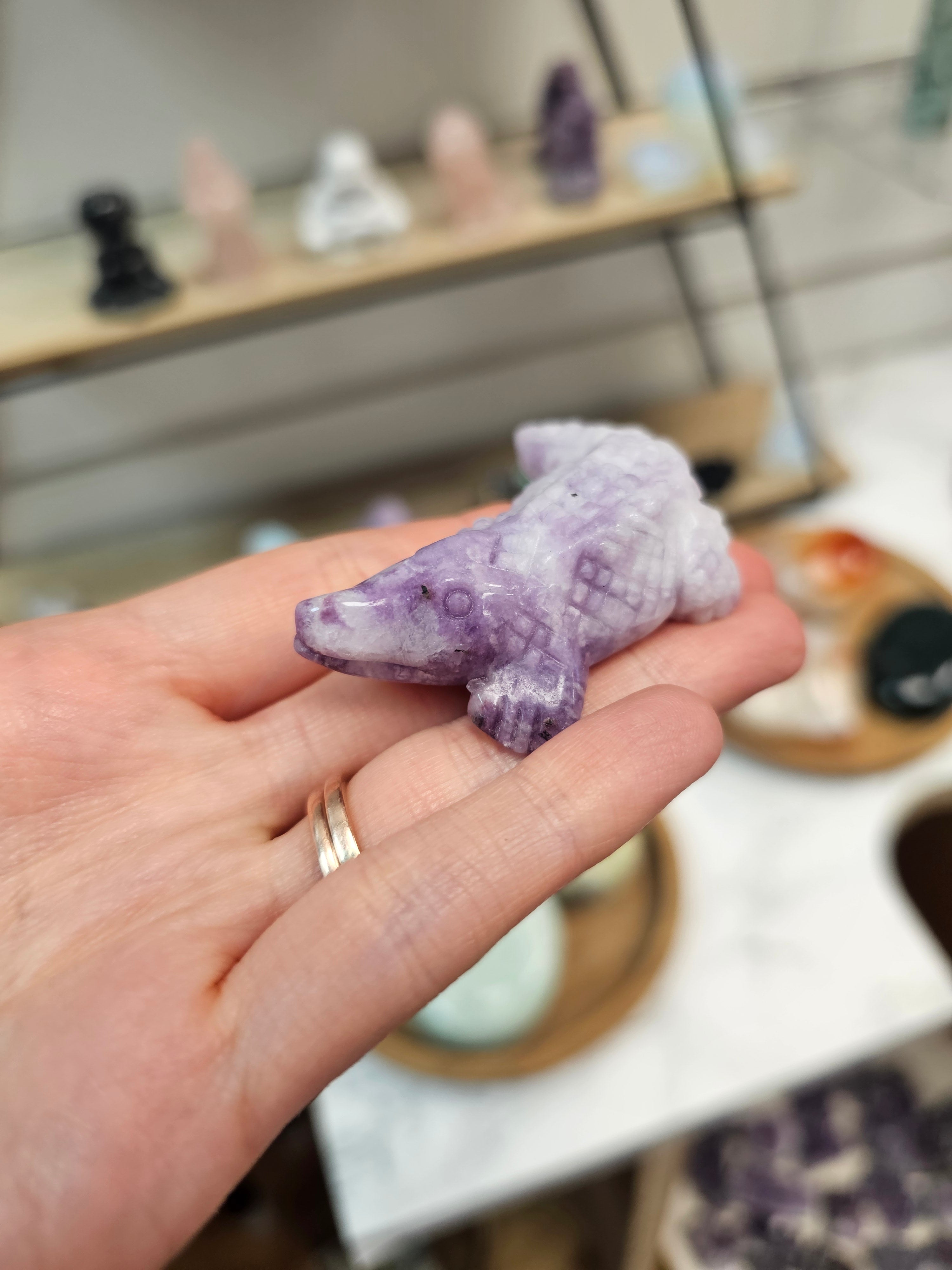 Lepidolite Crocodile Crystal Carving