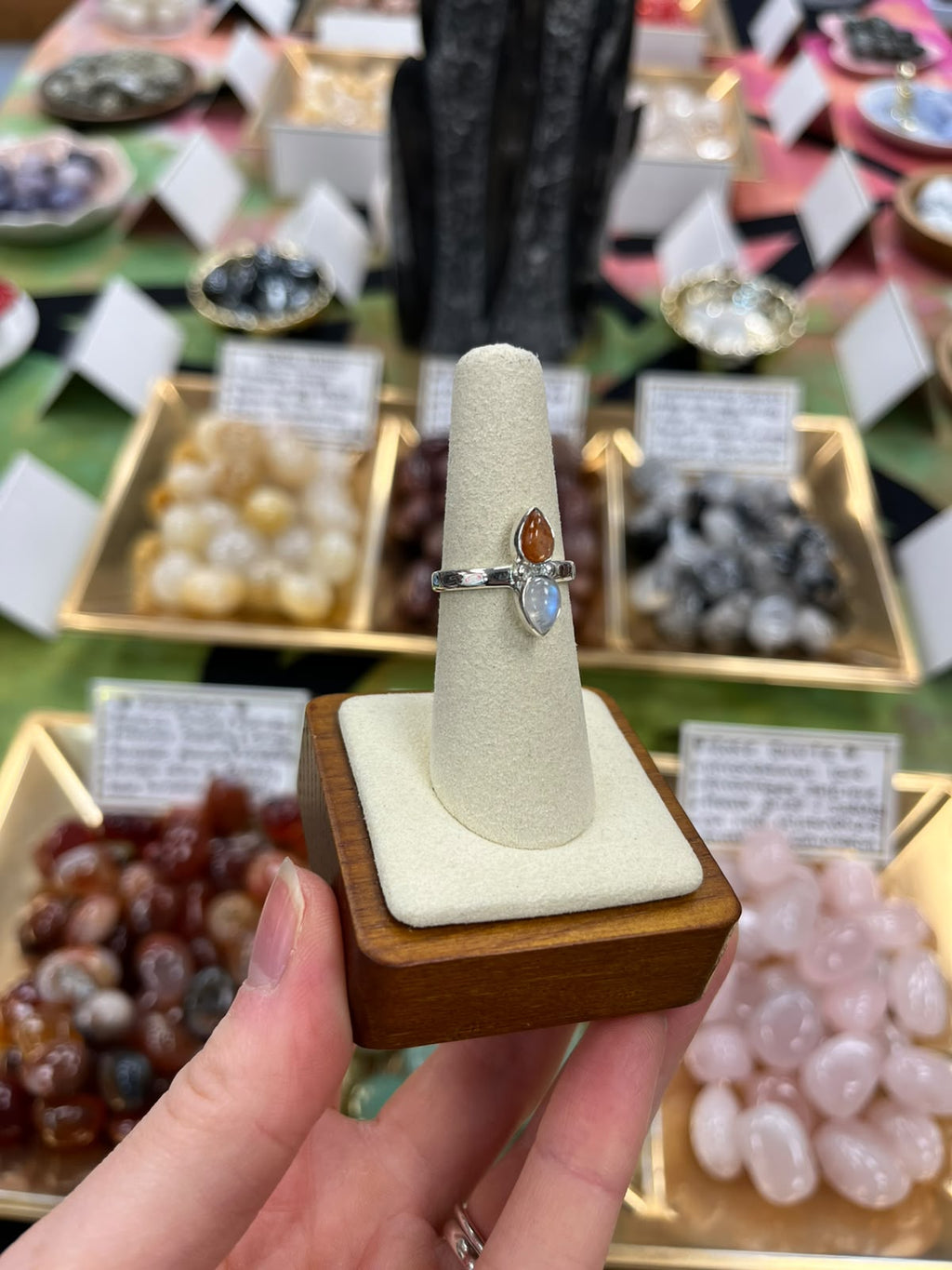 Sunstone & Moonstone 925 Silver Crystal Ring - Size 6.5