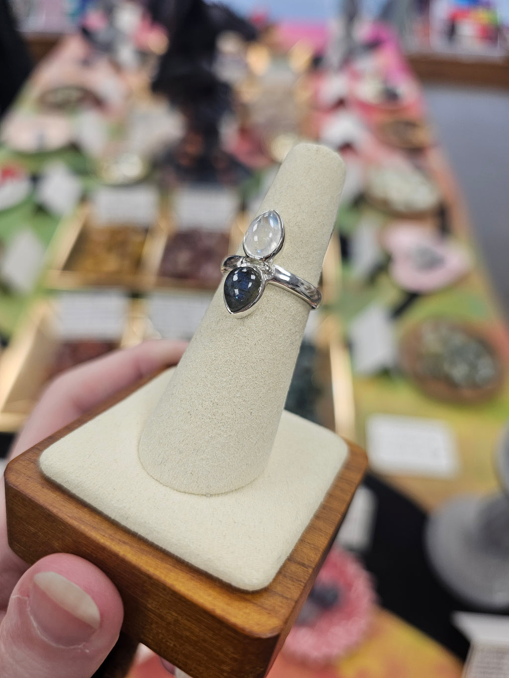 Moonstone & Labradorite 925 Silver Ring - Size 6