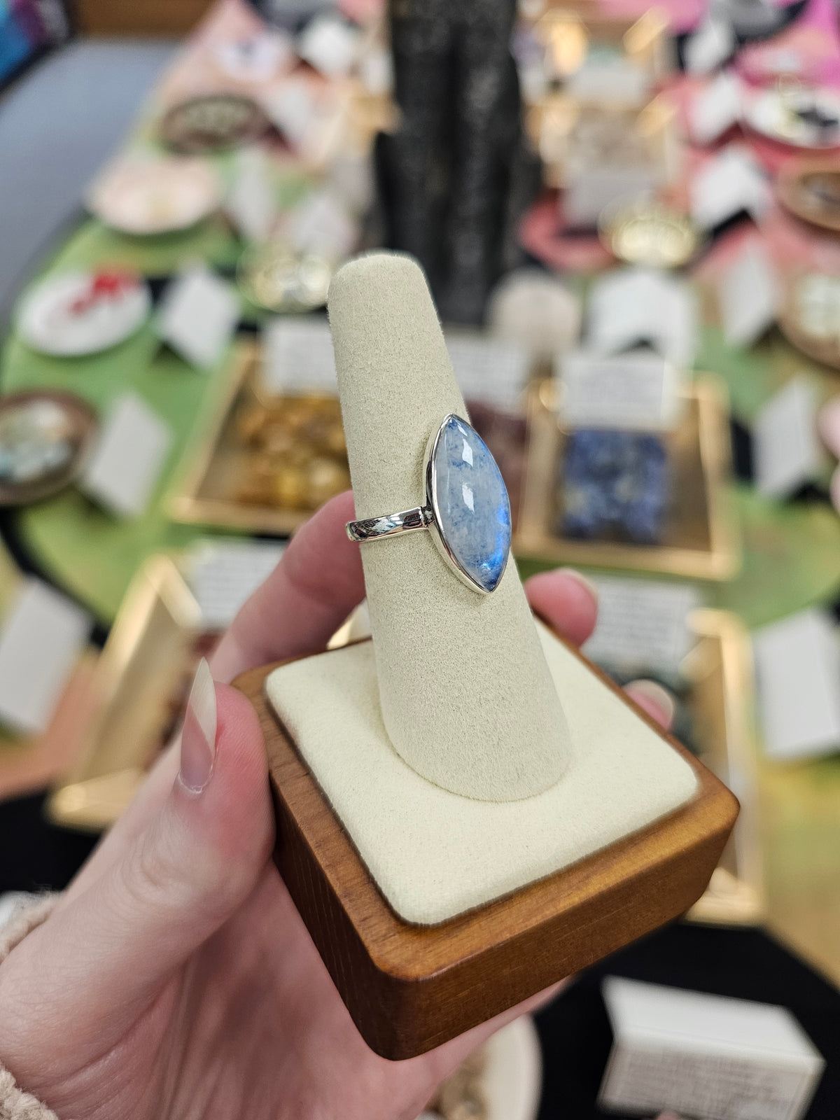 Blue Moonstone 925 Silver Crystal Ring - Size 7 / 8