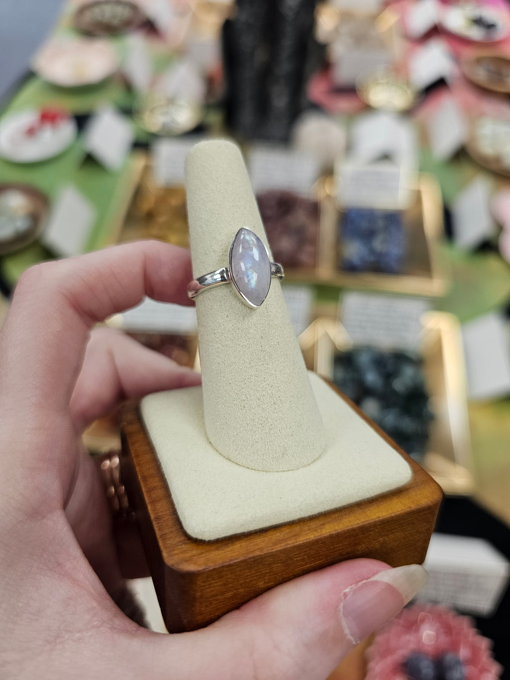Pink Moonstone 925 Silver Crystal Ring - Size 7