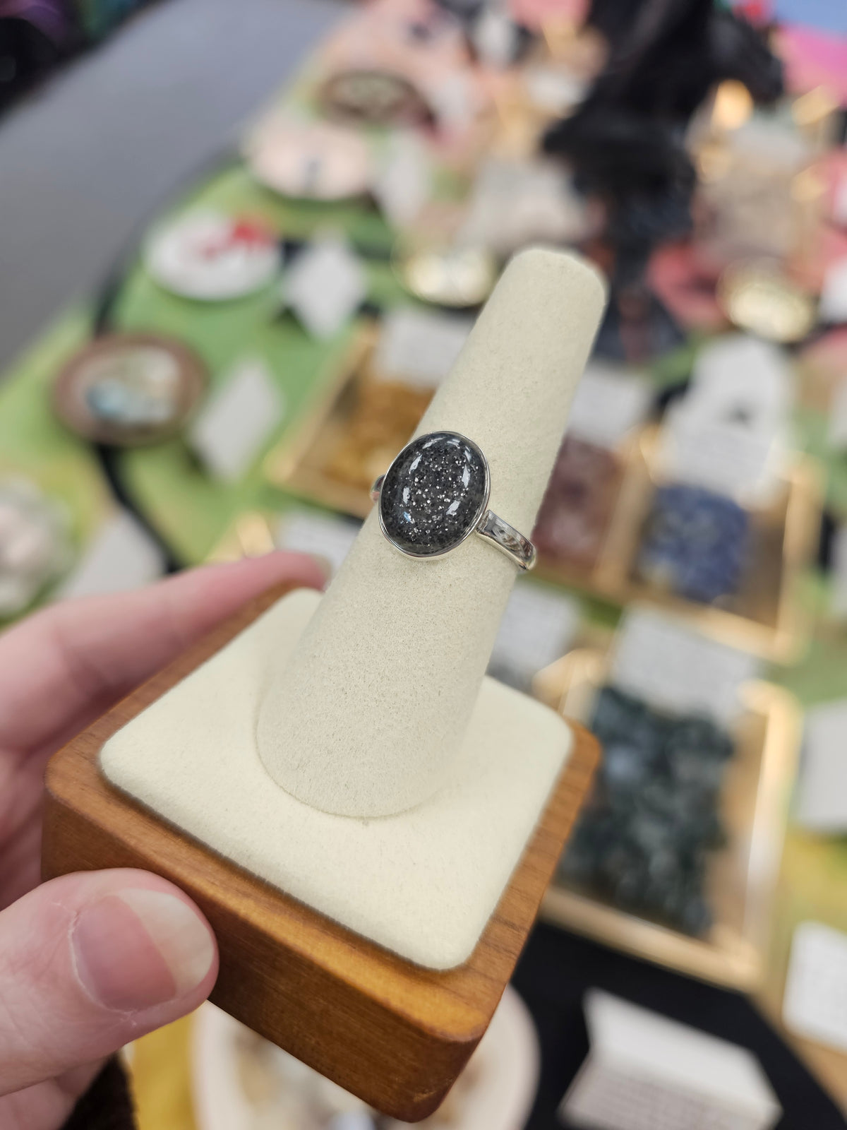 Black Sunstone 925 Silver Crystal Ring - Size 8