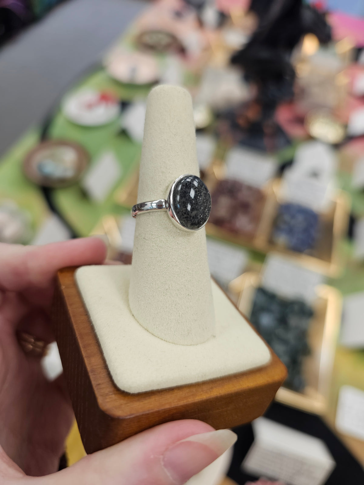 Black Sunstone 925 Silver Crystal Ring - Size 8