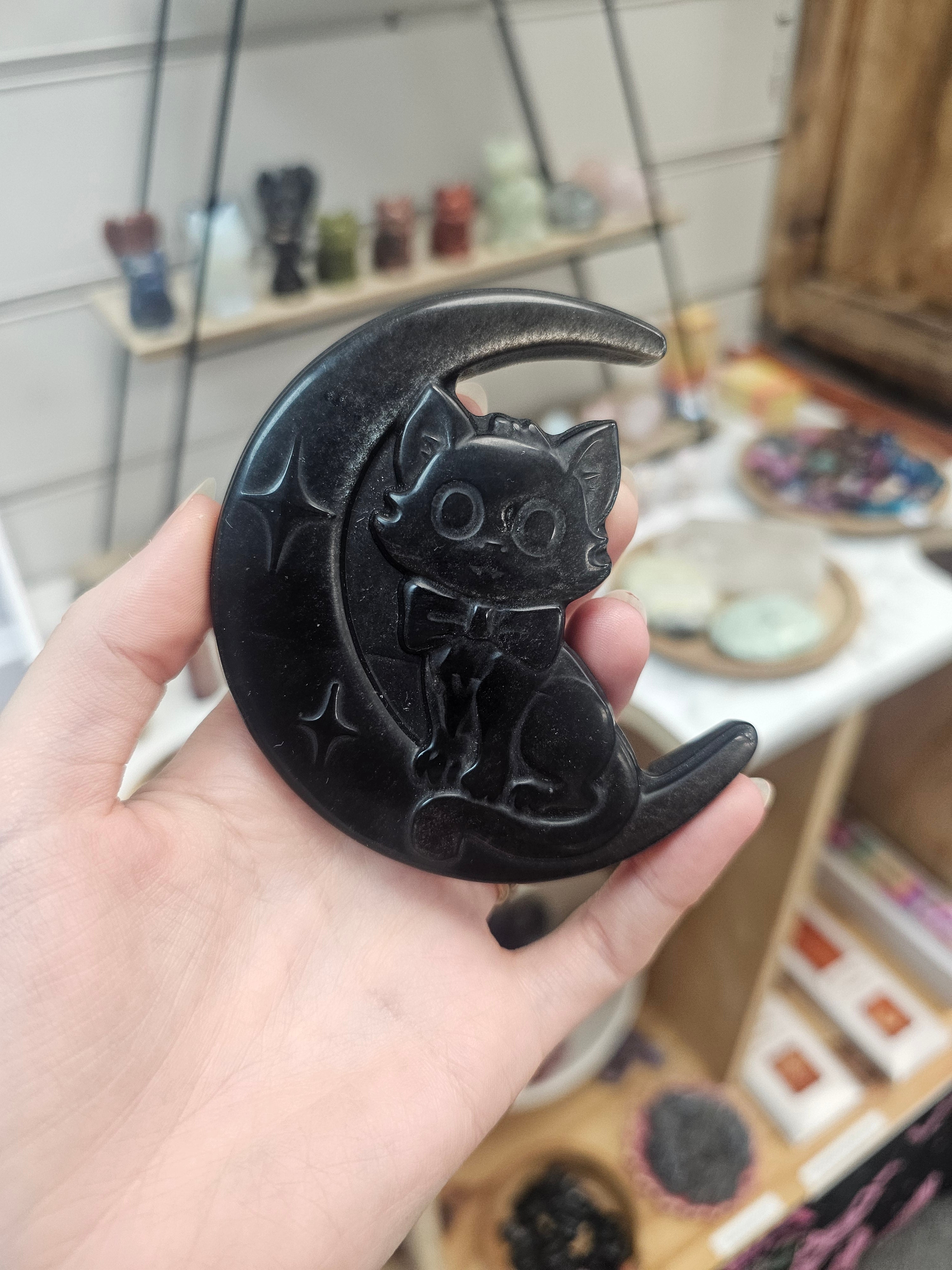 Silver Sheen Obsidian Cat On Moon Carving