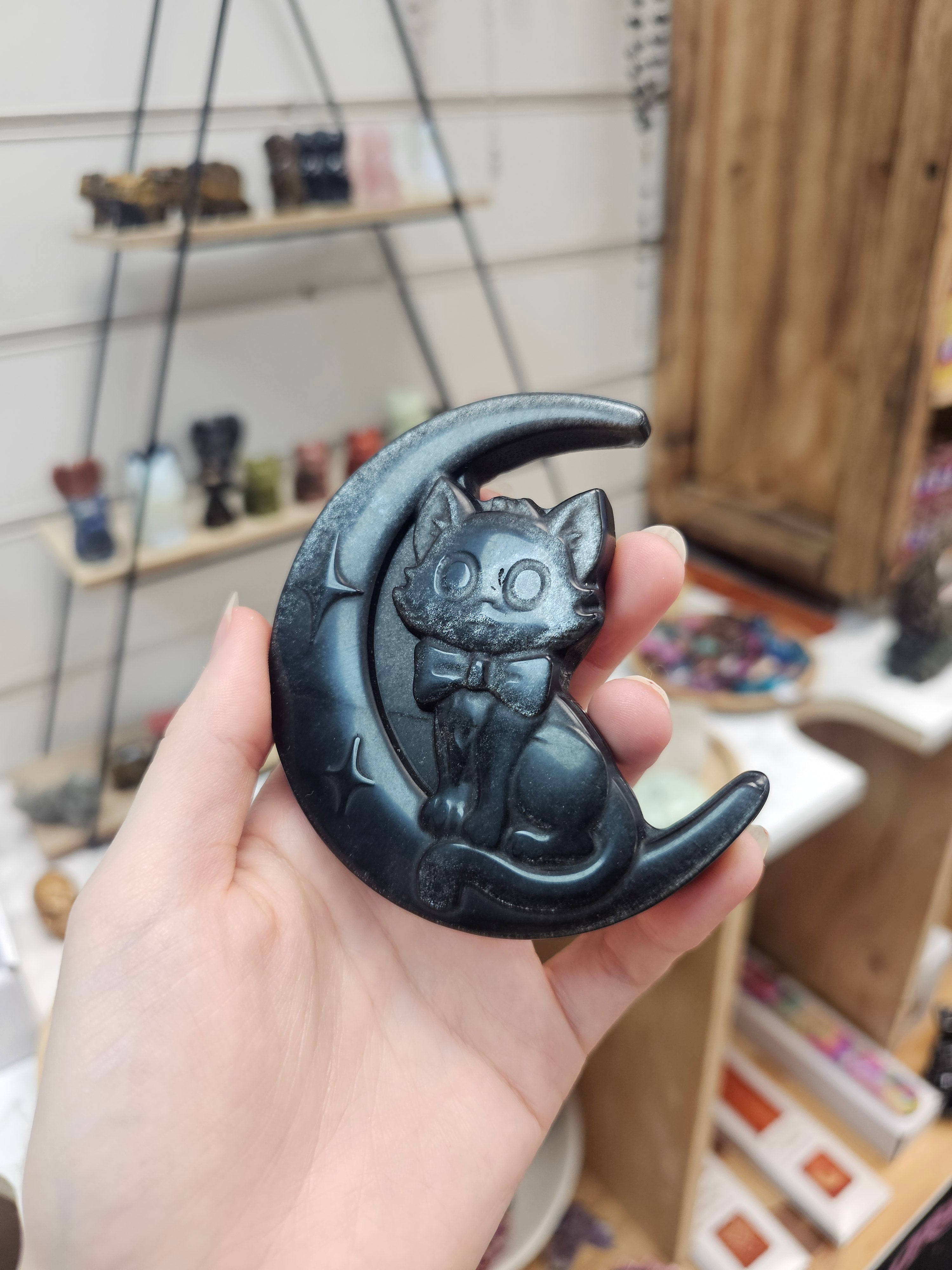 Silver Sheen Obsidian Cat On Moon Carving