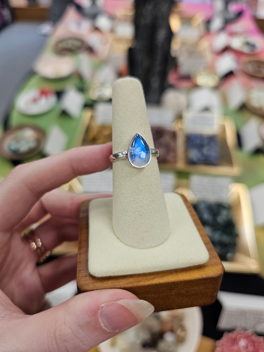 Blue Moonstone 925 Silver Crystal Ring - Size 7