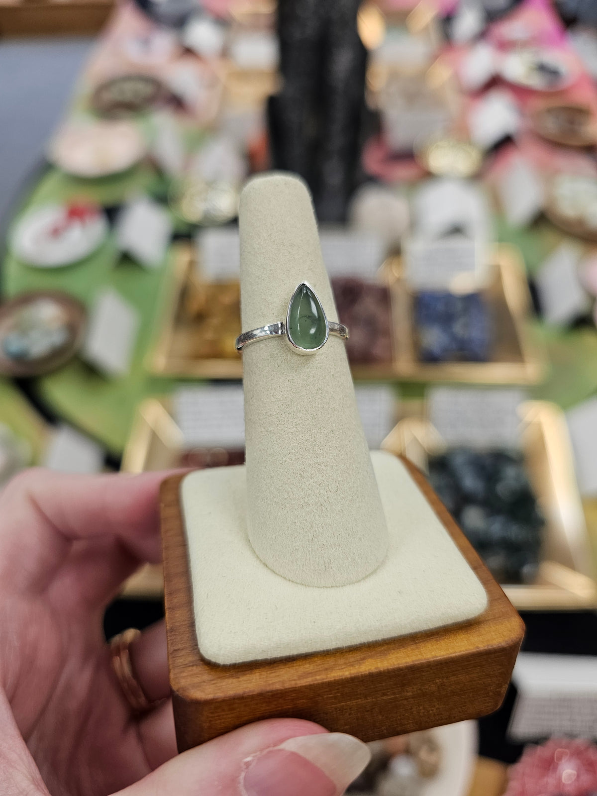 Nephrite Jade 925 Silver Crystal Ring - Size 6