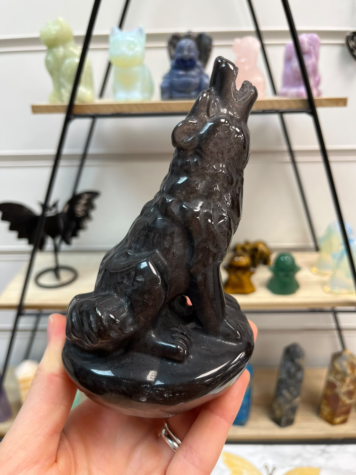 Silver Sheen Obsidian Wolf Crystal Carving
