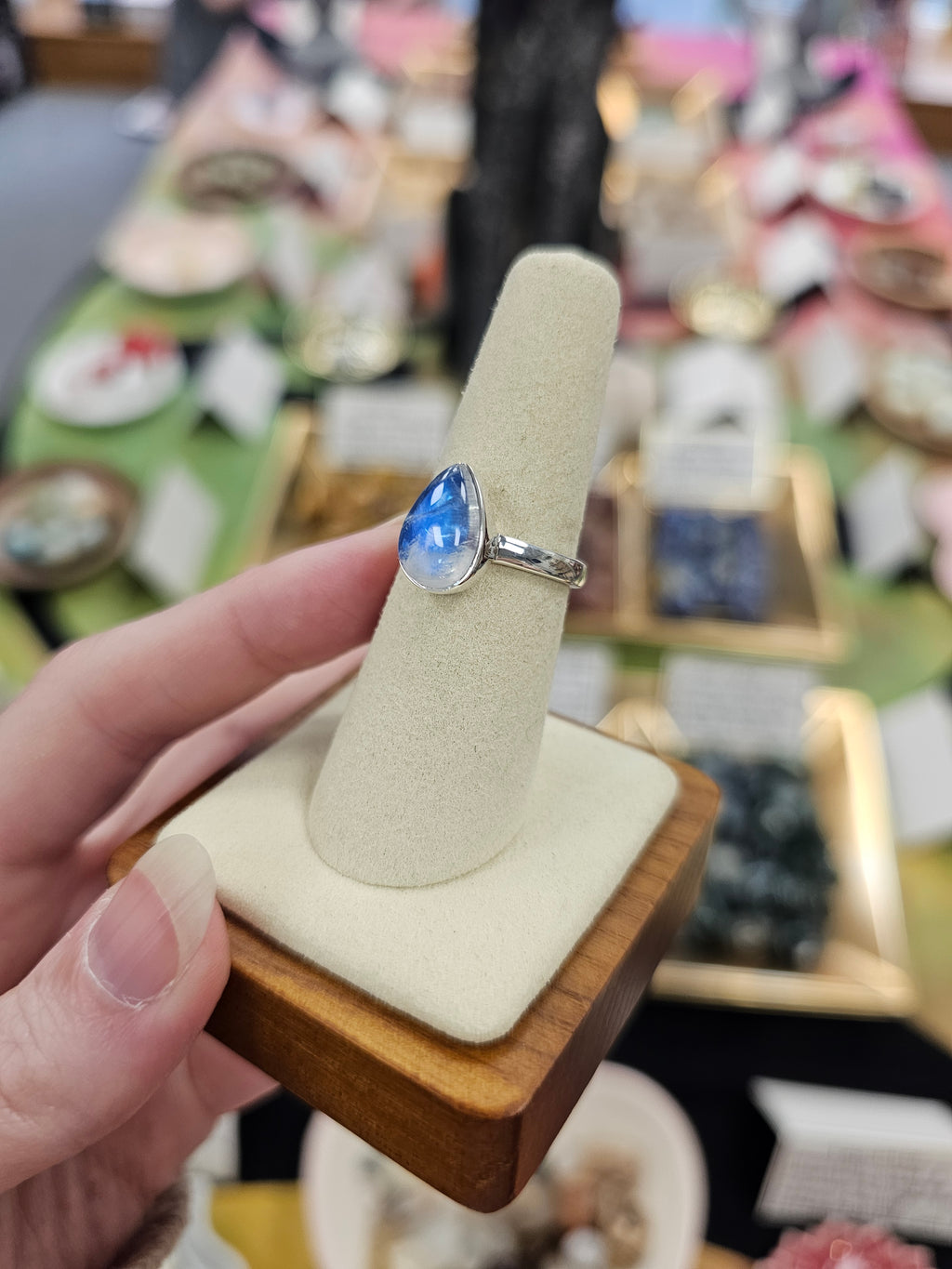 Blue Moonstone 925 Silver Crystal Ring - Size 7