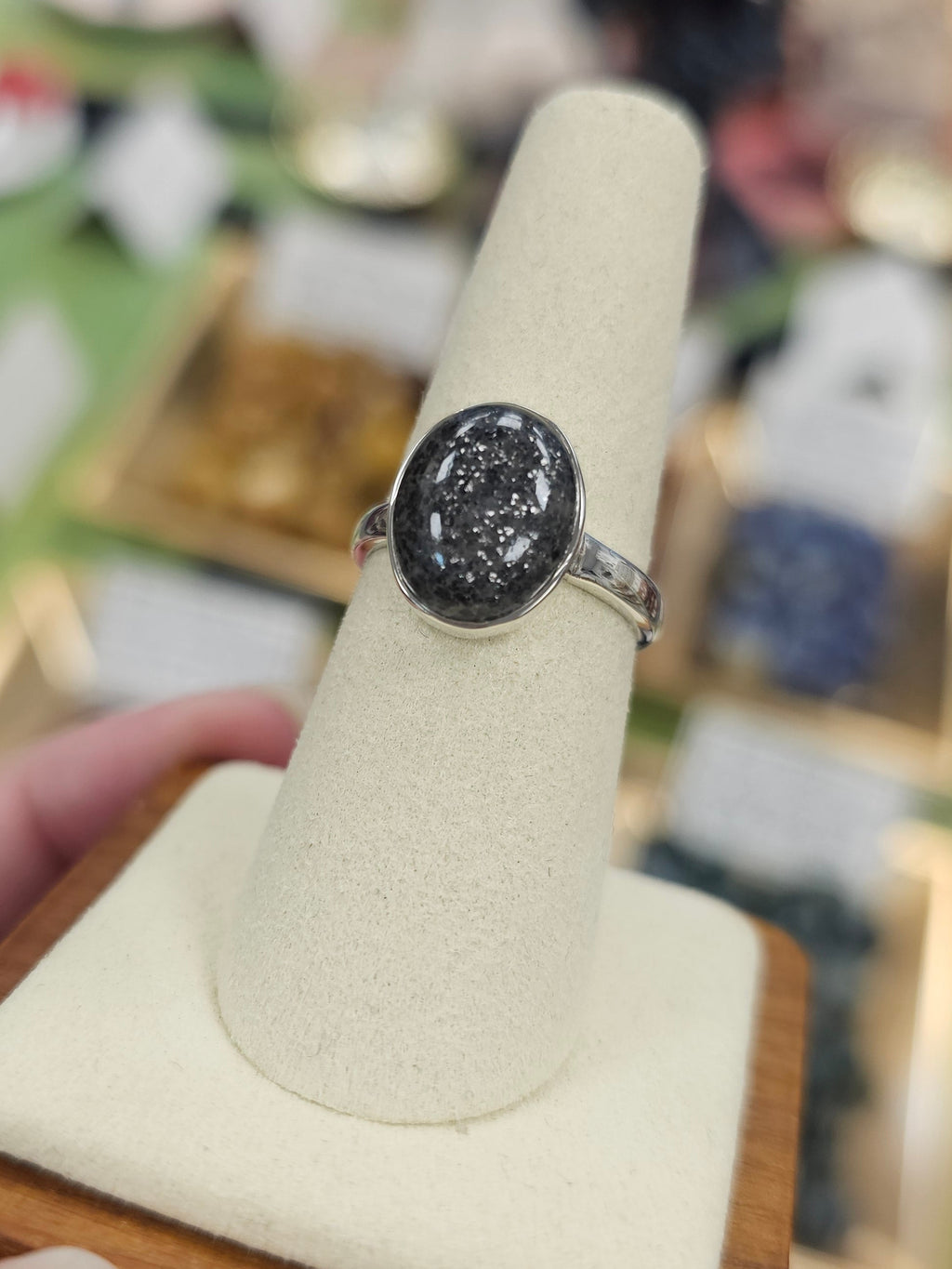 Black Sunstone 925 Silver Crystal Ring - Size 8
