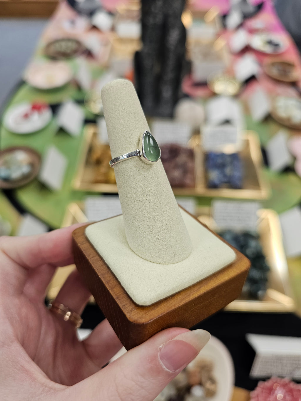 Nephrite Jade 925 Silver Crystal Ring - Size 6