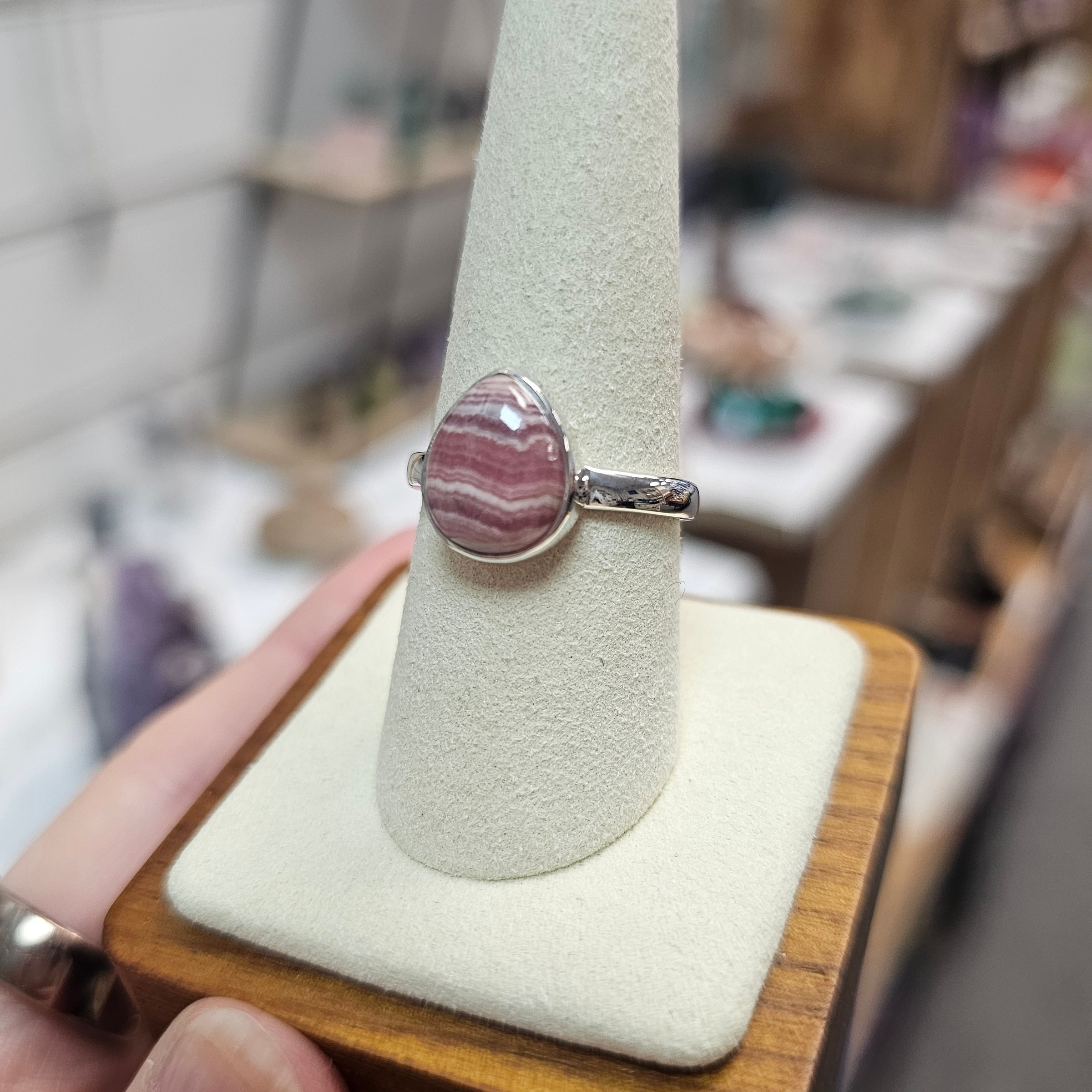Rhodochrosite 925 Silver Crystal Ring - Size R
