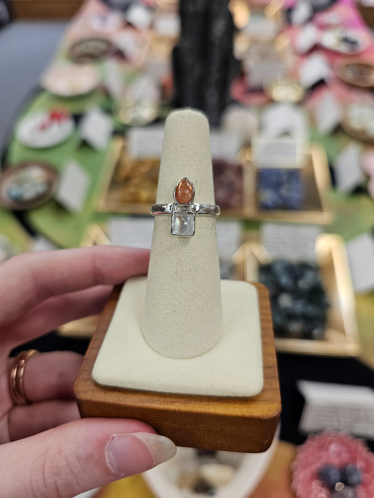 Sunstone & Moonstone 925 Silver Crystal Ring - Size 6