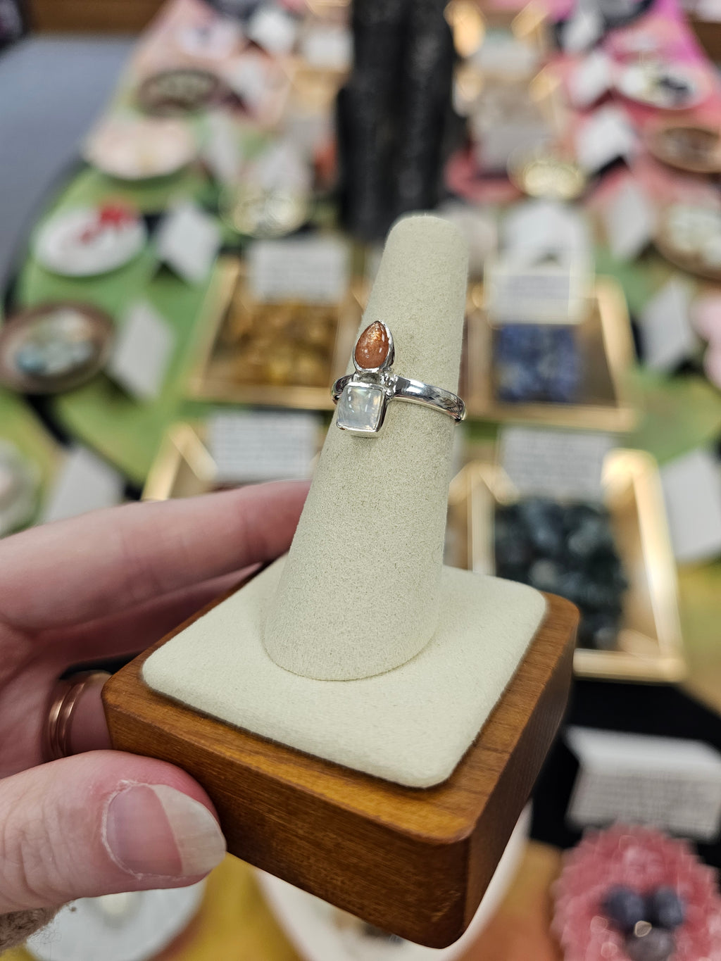 Sunstone & Moonstone 925 Silver Crystal Ring - Size 6