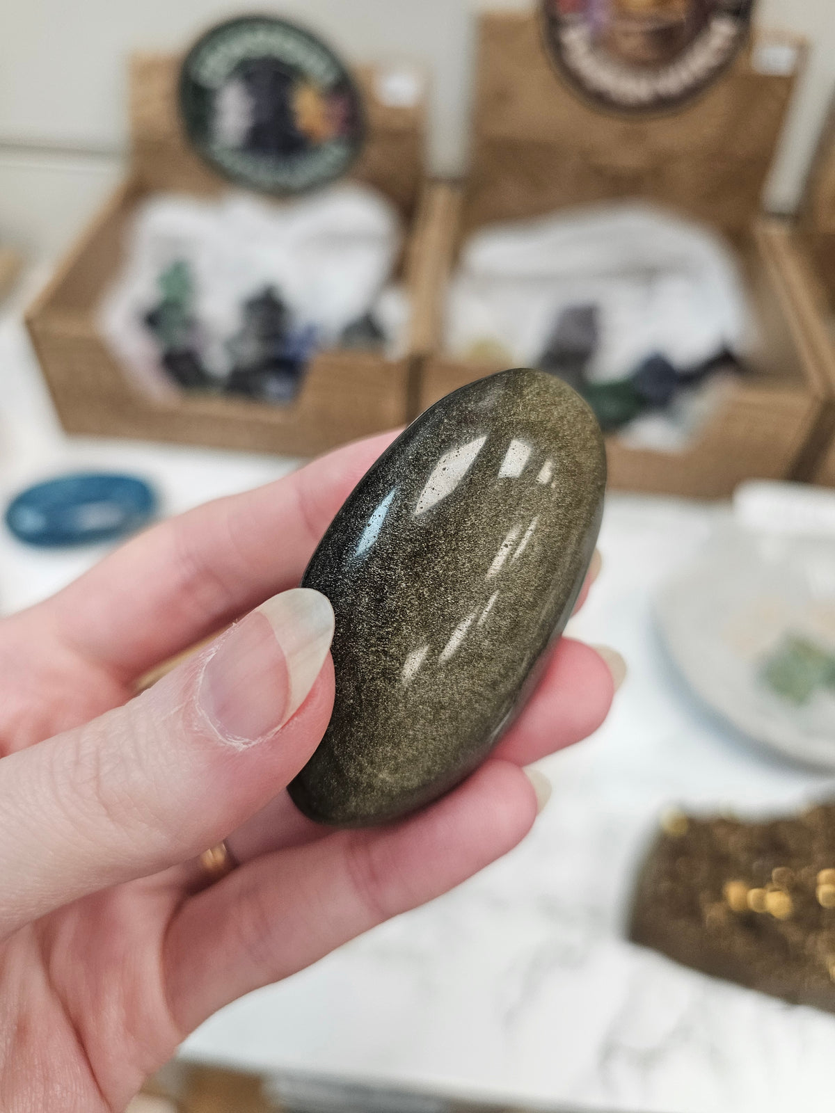Gold Sheen Obsidian Crystal Palm Stone