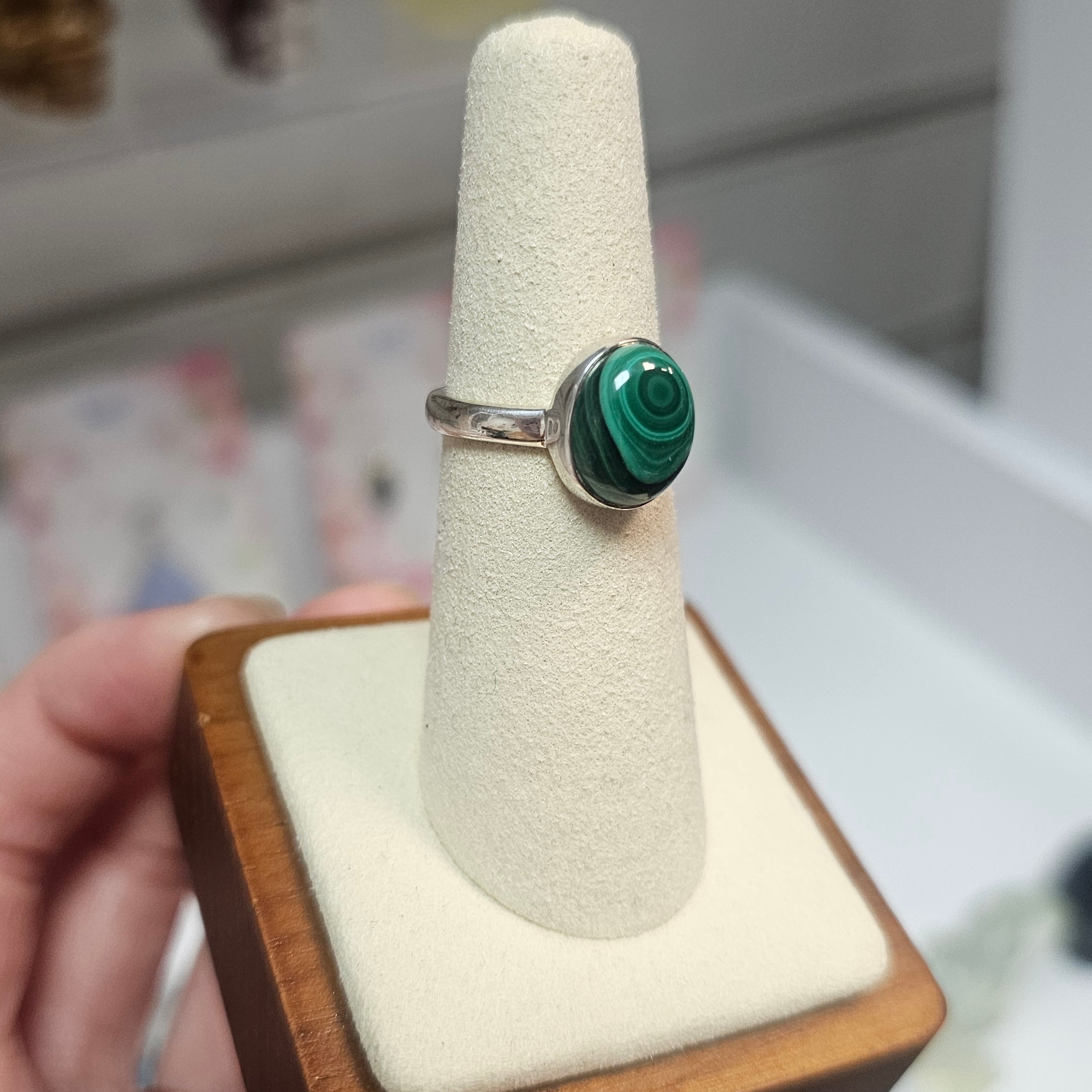 Malachite Crystal Ring 925 Silver - Size 6 / L