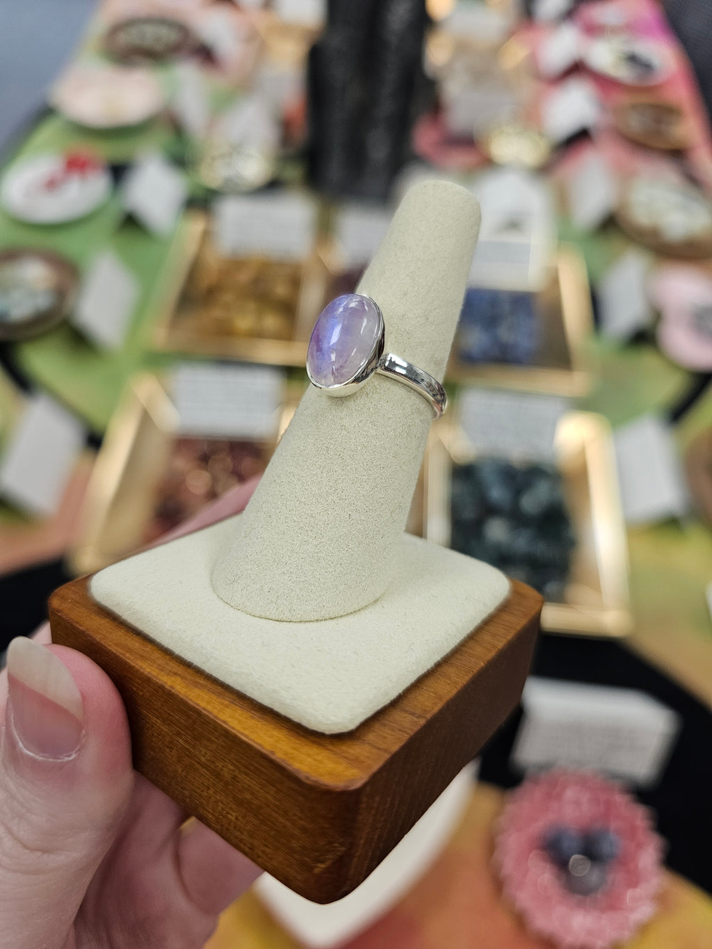 Pink Moonstone 925 Silver Crystal Ring - Size 7