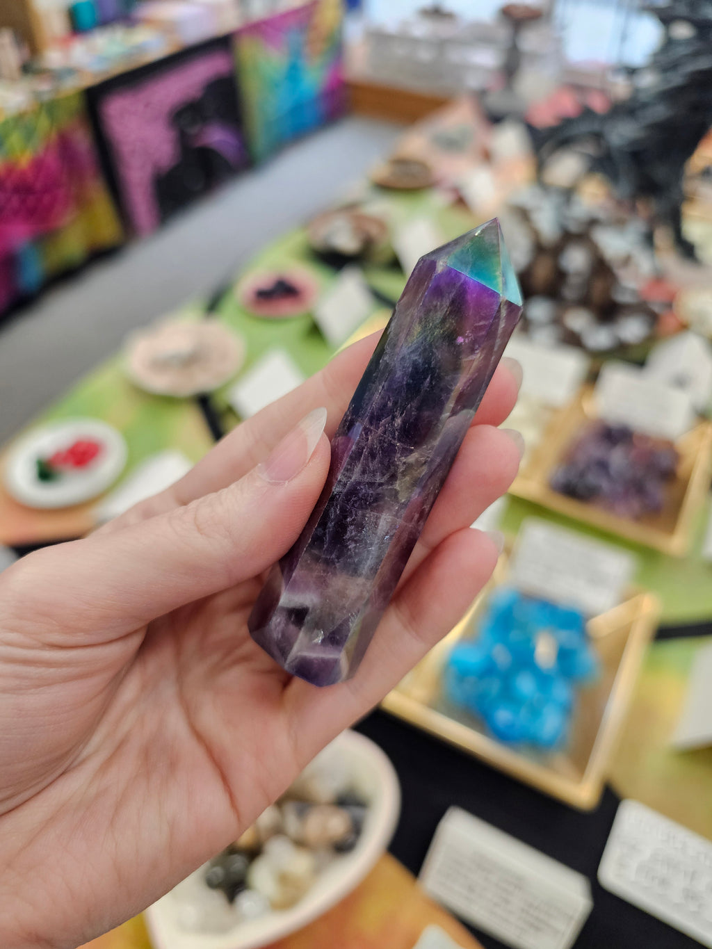 Chevron Amethyst Aura Crystal Tower
