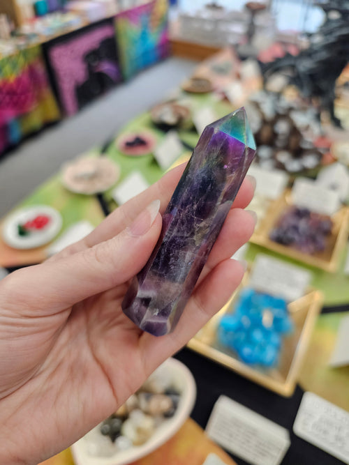 Chevron Amethyst Aura Crystal Tower