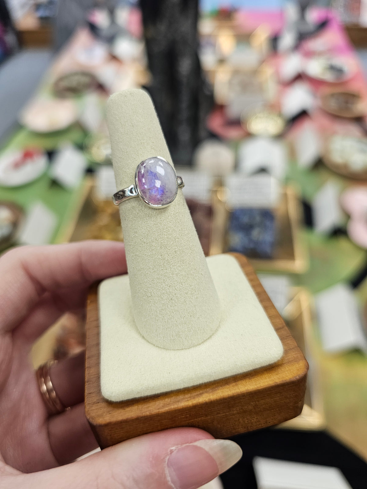 Pink Moonstone 925 Silver Crystal Ring - Size 6