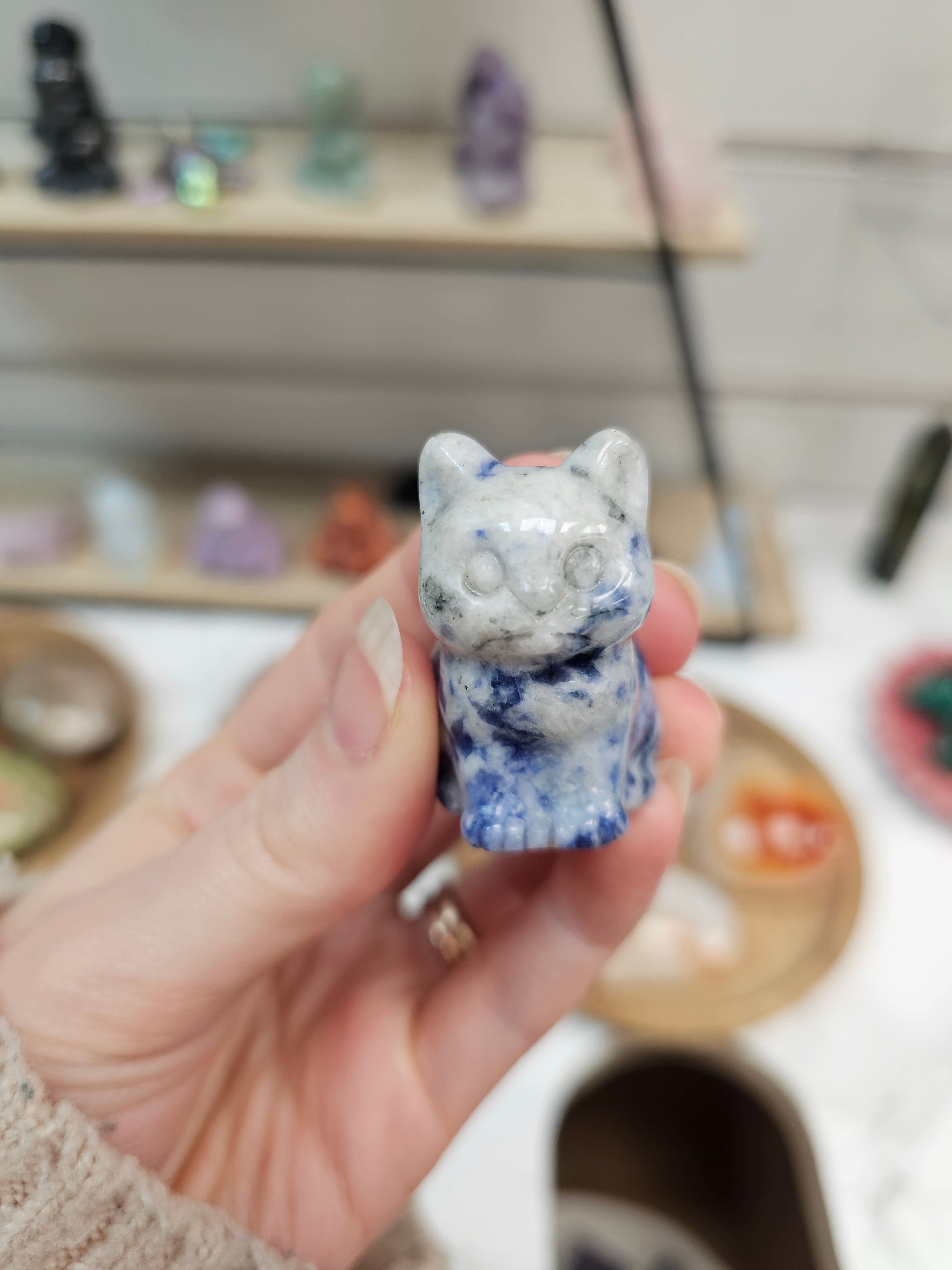 Spotted Sodalite Crystal Cat Carving