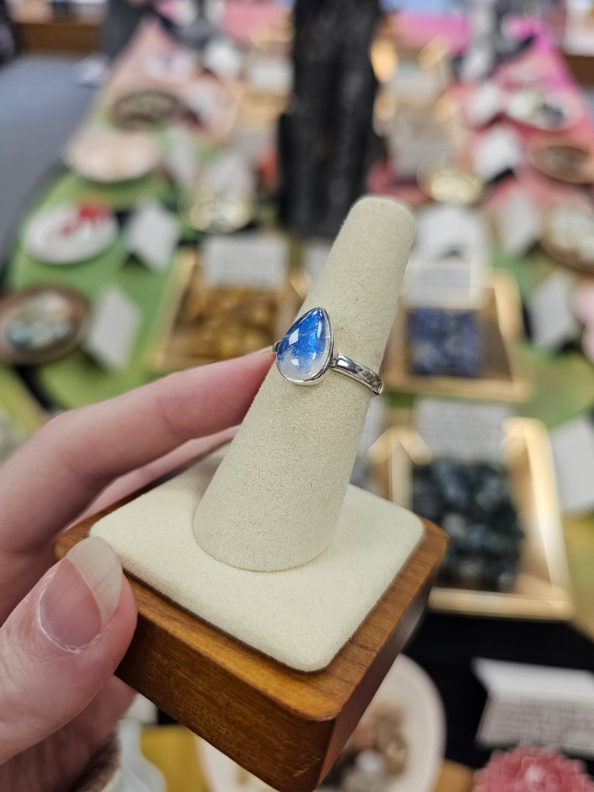 Blue Moonstone 925 Silver Crystal Ring - Size 7