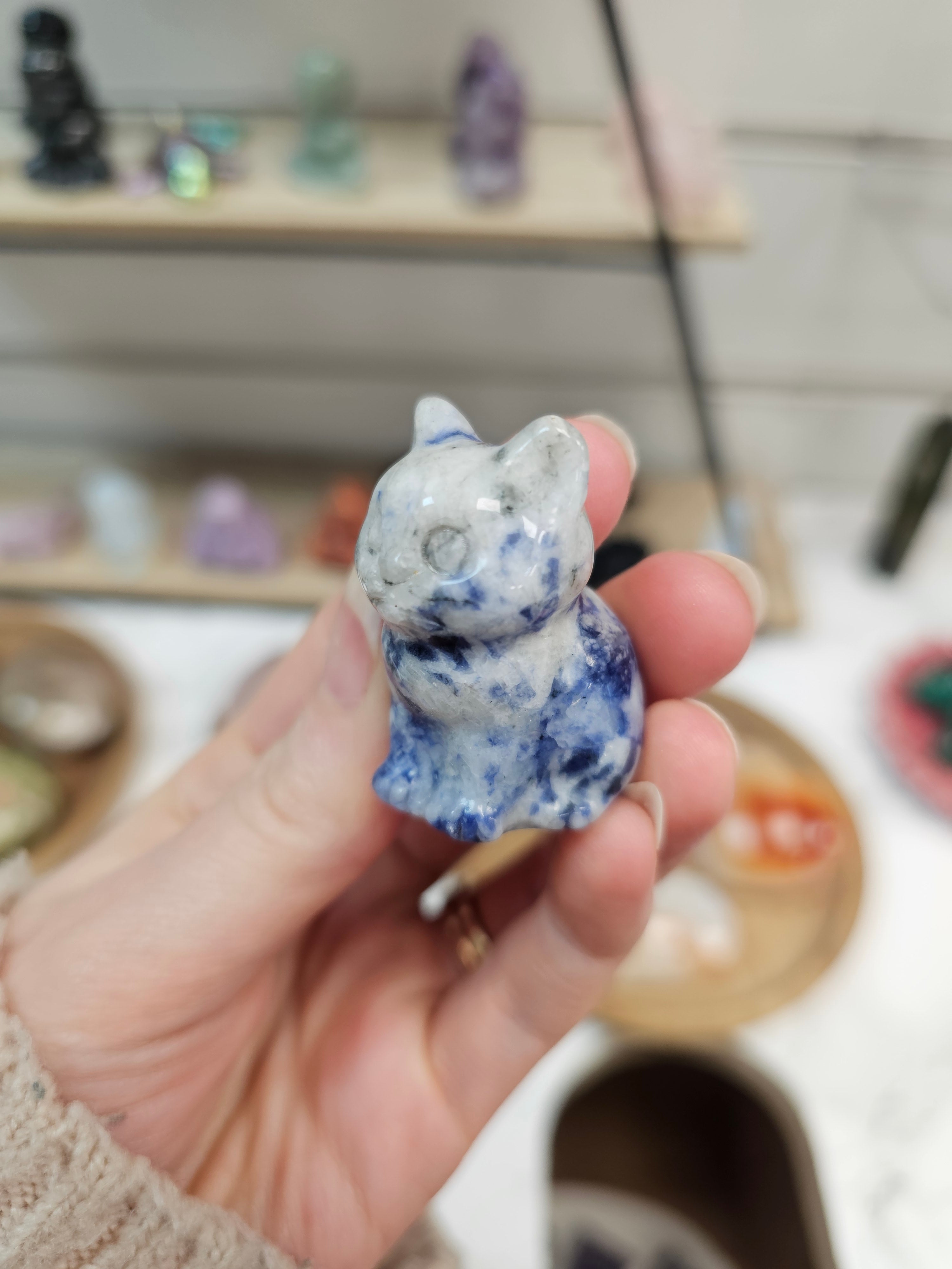 Spotted Sodalite Crystal Cat Carving