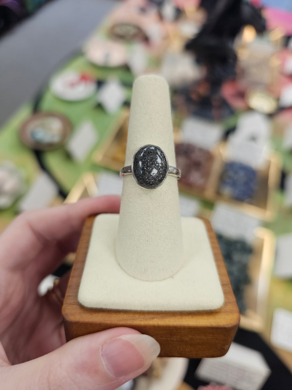 Black Sunstone 925 Silver Crystal Ring - Size 8